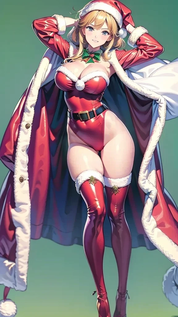 top-quality、Full limbs、complete fingers、Slender beauty、straight haired、Red hair、Beautiful Large Breasts、(Detailed ultra-oily shiny skin:1.1)、oily shiny thighhigh、(Perfect bright red Santa Claus leotard:1.3)、((White High Socks))、Wearing a Santa Claus hat、((Wearing a Santa Manto))、Beautiful、A smile、Winter cityscape、shopping street、It's snowing、white Christmas、Christmas cakes are sold in stores
