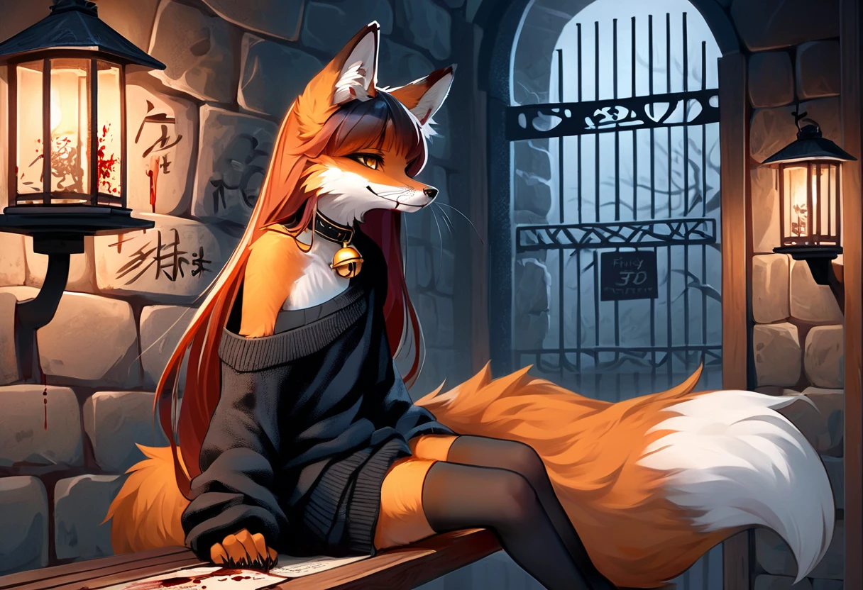 full body、Solo、unpralleled masterpiece、Detailed、 Beautiful、 score_9、 score_8_up、 score_7_up、(Friday the 13th、the number 13 written on a stone wall with blood)、moody atmosphere、mysterious、fox、anthro、furry、female、orange fur、(long hair、beautiful hair、orange hair、side swept hair、bangs)、yellow eyes、(tuft of fur)、(digitigrade、claws、fox paws、exposed feet)、(foxy whiskers)、(heavily shaded orange body、dark black shading on body)、(sassy pose、sassy hips、sassy、flirtatious)、fluffy tail、(light smile、soft smile)、wearing (Black simple stylish long socks、non-transparent thigh highs、Black crop off shoulder sweater、Colored hair bow、Collar with gold bell)、(metallic gate、stone wall、sitting on a wooden bench、open book with calligraphy written on it)、night、tree、lantern on post、incantations on wall、scratching finger onto wall、gazing at viewer with side eye