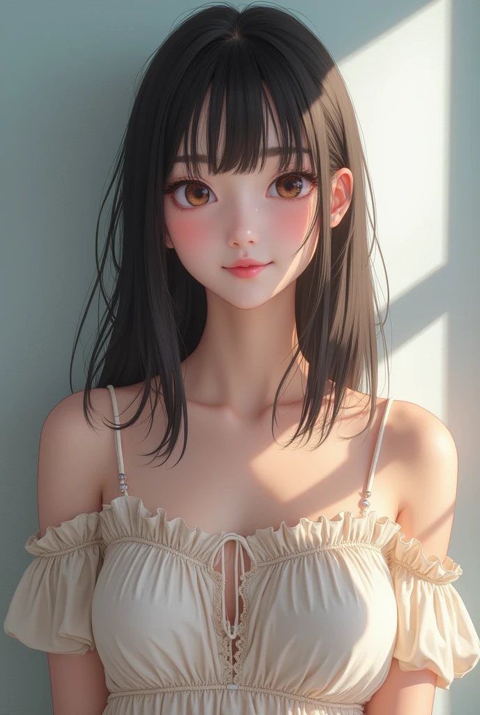 beautiful girl, 18 years old (short, curly black hair wavy to her shoulders) well detailed, ((beggar dress, dirty, torn clothes,)) curvy body ((white wall)) ((skin, white with mole near the left eye ) ) light green eyes divine appearance high quality detailed anime, 8k, (((small medium breasts,))) ((waist 0.75)), ((thoughtful expression 1.0))