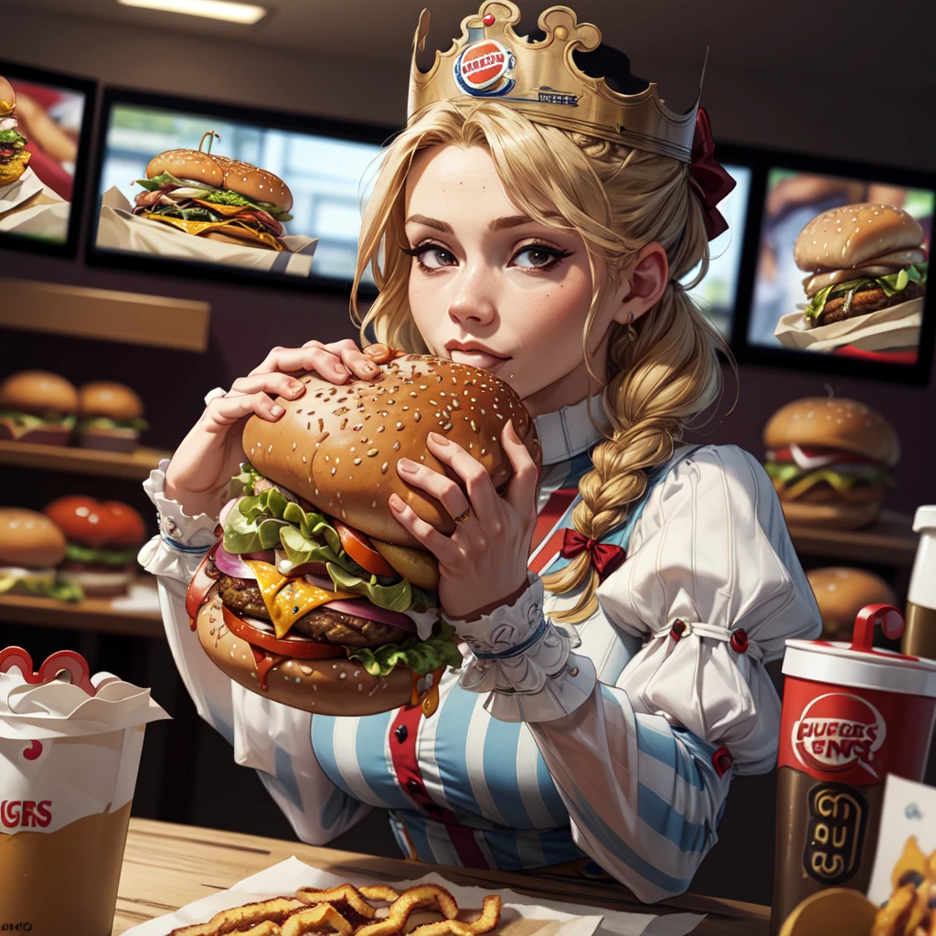 (masterpiece, best quality, 4k, detailed, intricate, realistic), two-handed burger,holding a huge burger with both hands, eating,close-up,pov across table,bkcrown,ffwendys,twin braids, hair bow,striped dress, striped sleeves, puffy sleeves,  