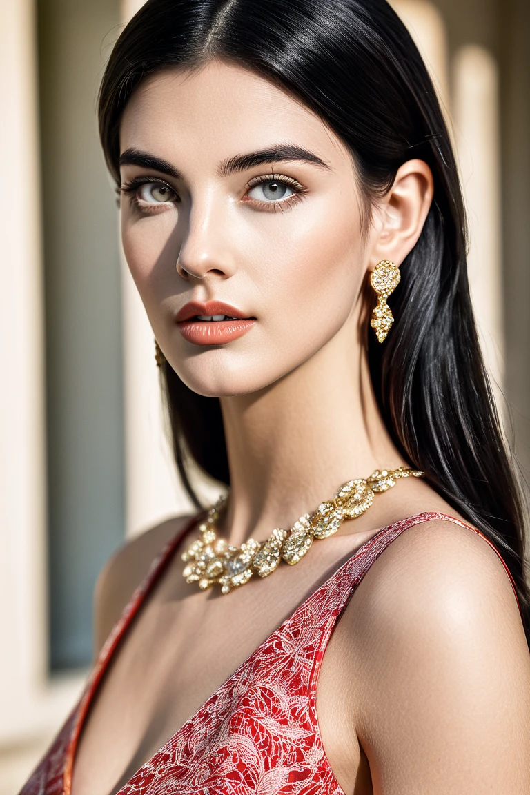 fashion photography of a beautiful model, wearing designer clothes,  black hair, light eyes, natural beauty, oval face, earrings, sharp focus, ultra high res, skin details, 