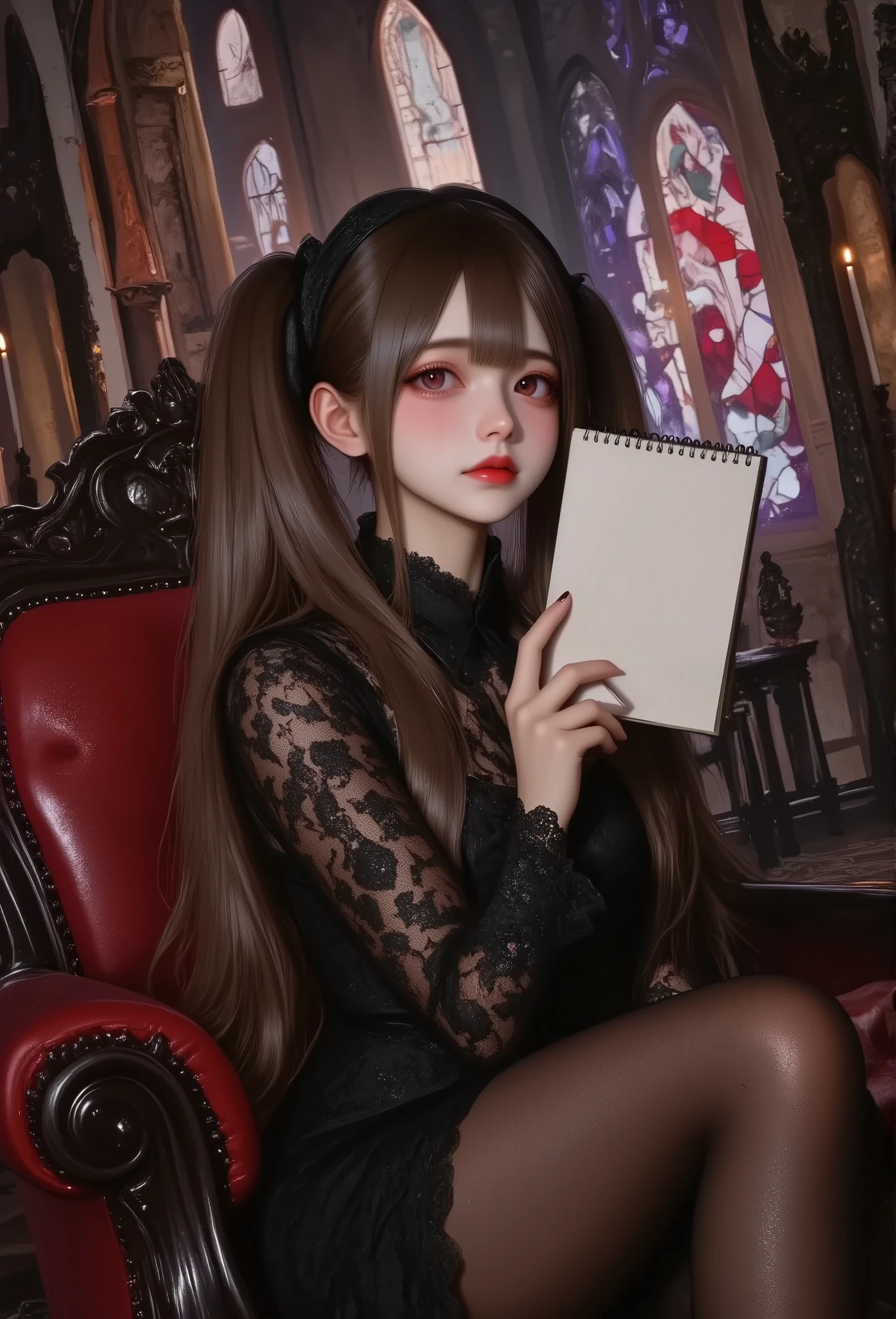 photo Realism style, digital painting, best quality, high detail, 1girl,solo, twin tails, fair skin, gothic lolita fashion, black lace dress, black thigh-high stockings, black high-heeled boots, sitting pose on an ornate gothic chair, legs crossed, right hand holding a open thin notebook, a blank page, with "Terika" written in the upper left, showing the notebook to the viewer,relaxed and confident expression, dimly lit environment, dark gothic background, intricate stone archways, stained glass windows with crimson and violet hues, flickering candles, shadows cast across the scene, subtle glowing light accents.