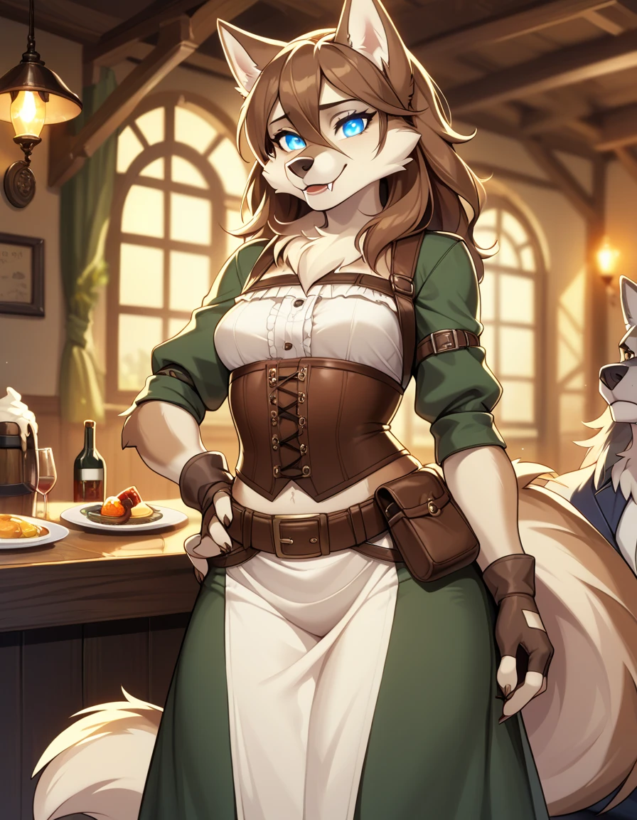 1girl, tail, furry, animal_ears,glowing blue_eyes, brown_hair, belt, looking_at_viewer, furry_female, gloves, wolf_tail, sad smile, wolf_ears, fingerless_gloves, hair_between_eyes,long skirt, hand_on_hip, snout, breasts, pouch, brown_gloves, cream white corset, wolf_girl, fangs, medium_hair, long_sleeves, small_breasts, brown_belt, artist_name, tavern outfit