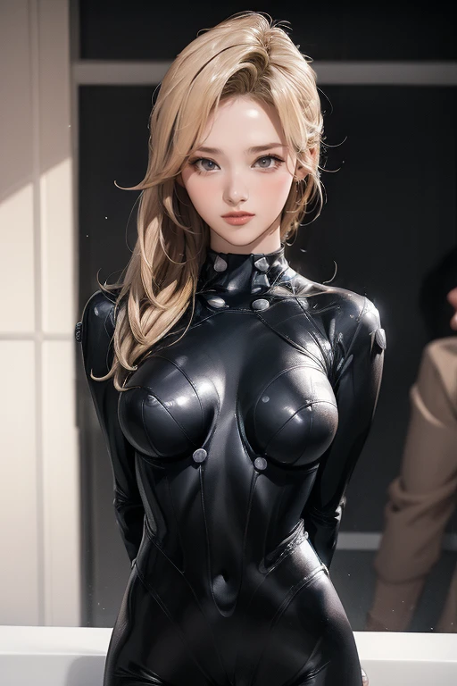 (1girl :2.0),((Best quality, 8K, Masterpiece,photorealistic: 1.3)), (ideal ratio body proportions:1.8),(Sharp: 1.3),( Perfect body skinny beauty: 1.4), (Slim abs: 1.3),(thigh gap:-0.0), ( Sexy gantz suit : 1.6), (coverd nipples:0.7),((Layered Hair Style,blonde hair)),(very small breasts:1.5) ,(under boobs: 1.2),(big bath room: 1.4), (dynamic gravure pose:1.6),(Highly detailed sexy cute face and skin texture:1.5),super model body, (beautiful eyes:1.5),(from side:-0.0),( Looking at the camera:1.6),(orgasm,ahegao:-0.0),(dark skin:1.1),(from above:-0.0),(from behind :-0.0),(from below,ceiling:-0.0),(face focus:1.5),(kneeling:-0.0),(squatting:-0.0),(be bashful:1.5),(arms behind back:1.3),