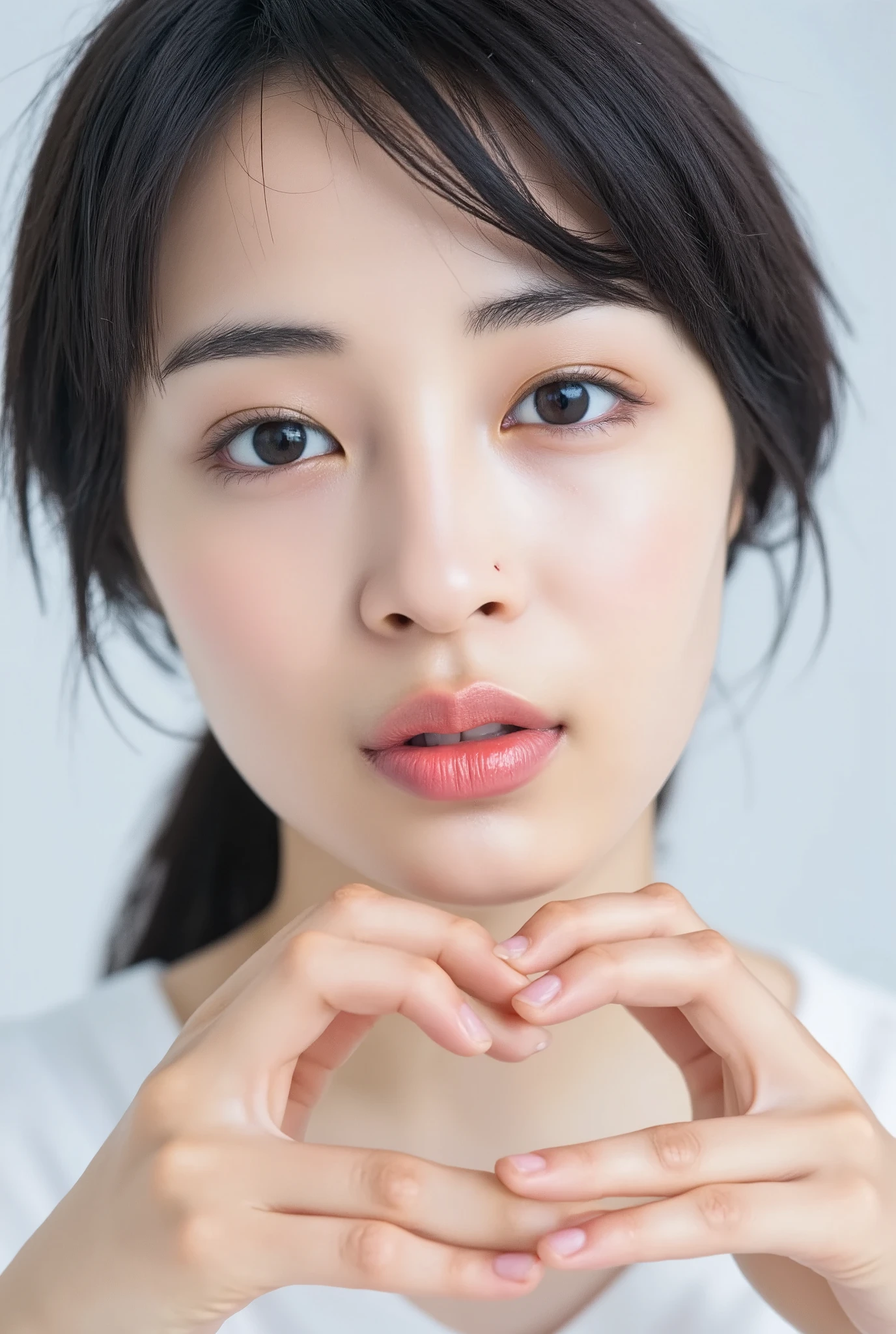 Smiling face with hands making a heart shape:2.0、 (Ultra-Accurate Human Anatomy, Best Quality、RAW Photos、8k、32K、masterpiece、Realistic、Photorealistic:1.37)、Cute Japanese women images、Tank tops、Photographed in natural light、Upper Body、1 girl、Photo Mapping、Physically Based Rendering、Excellent image quality、High resolution、1080P、(Beautiful Face)、(Detailed description of the face)、(Detailed explanation of the hand setter's muscle area)、(Detailed CG)、Rich details、(Stunning Features:1.35)、(Detailed eyes)、I look forward to your eyes、Delicate clavicle、Various poses、A highly realistic and detailed portrait of the upper body of a young woman。The skin is clear、A soft light reflects off the high points of the cheeks.、Fine pores and hair follicles、Even the thinnest blood vessels are visible。The skin is smooth、A natural flush to the cheeks、Gives off a healthy glow。The eyes are large and clear blue、The iris has a fine pattern、The light reflects off your eyes and shines。There is a slight shadow under the eye、Eyelashes are long and naturally curled。Her lips are a soft pink color、Smooth texture and natural shine、Reflects light slightly。The woman is wearing a simple white top.、The background is a faint monochromatic gradient.、The focus is completely on the face and upper body。Realistic shadows and textures、The depiction is like a photograph.。