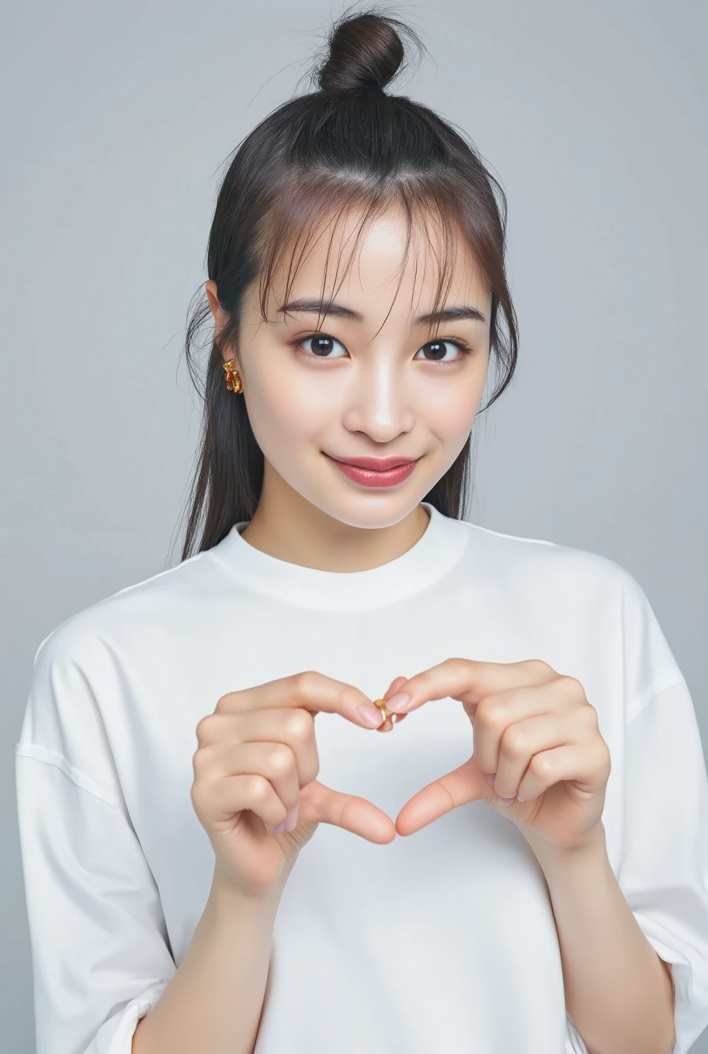 Smiling face with hands making a heart shape:2.0、 (Ultra-Accurate Human Anatomy, Best Quality、RAW Photos、8k、32K、masterpiece、Realistic、Photorealistic:1.37)、Cute Japanese women images、Tank tops、Photographed in natural light、Upper Body、1 girl、Photo Mapping、Physically Based Rendering、Excellent image quality、High resolution、1080P、(Beautiful Face)、(Detailed description of the face)、(Detailed explanation of the hand setter's muscle area)、(Detailed CG)、Rich details、(Stunning Features:1.35)、(Detailed eyes)、I look forward to your eyes、Delicate clavicle、Various poses、A highly realistic and detailed portrait of the upper body of a young woman。The skin is clear、A soft light reflects off the high points of the cheeks.、Fine pores and hair follicles、Even the thinnest blood vessels are visible。The skin is smooth、A natural flush to the cheeks、Gives off a healthy glow。The eyes are large and clear blue、The iris has a fine pattern、The light reflects off your eyes and shines。There is a slight shadow under the eye、Eyelashes are long and naturally curled。Her lips are a soft pink color、Smooth texture and natural shine、Reflects light slightly。The woman is wearing a simple white top.、The background is a faint monochromatic gradient.、The focus is completely on the face and upper body。Realistic shadows and textures、The depiction is like a photograph.。