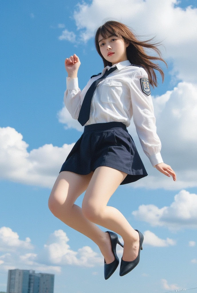  top quality , masterpiece, 8k,   Ultra High Definition , ( Photorealistic: 1.4),  1 girl,   beautiful face,   Symmetry Eyes , big, perfect body proportions,  sharp concentration, Japanese police uniform,  navy blue tie , white shirt,The viewer&#39;s gaze, (In-flight: 1.2), miniskirt,  high heels, Brown Hair, whole body,Front View, Shoulder jump,  absolute domain (1.3)