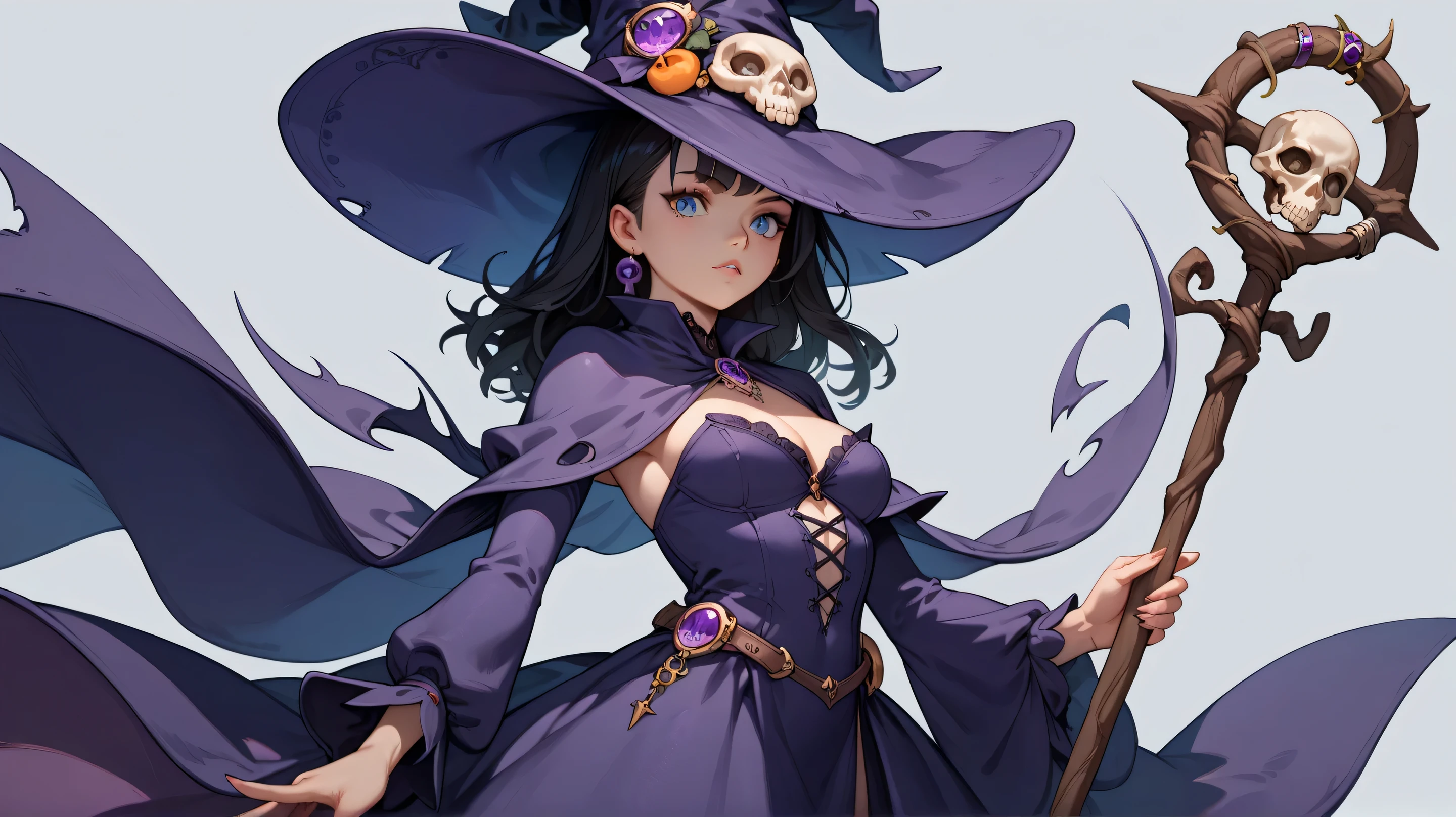 Simple Anime Style, 1girl, solo, black hair, blue eyes, witch hat, purple witch outfit, simple background, slit dress, holding a staff, staff has a skull on it