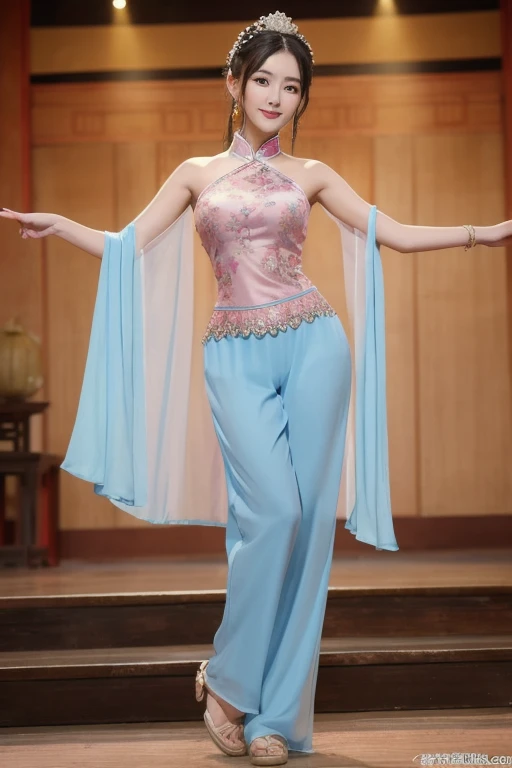 Da Qiao, from the "Romance of the Three Kingdoms" series, is dressed in a vibrant pink dress with gold thread embroidery and a wide sash around her waist, exuding regal beauty. Her hair is styled in a high bun with golden ornaments. Background Setting: She is performing a graceful dance on a stage within an ancient Chinese courtyard, surrounded by lanterns and a captivated audience.