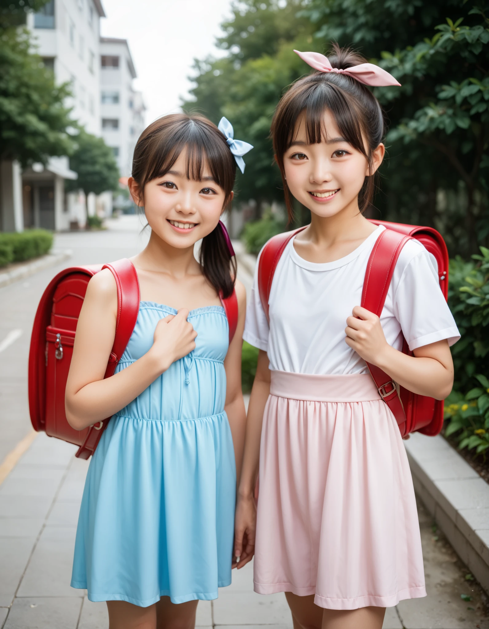 Masterpiece, hd, realistic, couple, different body height, 2 persons, ((1boy, tall body, Asian boy, cute kawaii boy, black straight hair and brown eyes)), ((1girl,(l1ttlegirl), short body, Slender body, small breasts, thing leg, Asian girl, kawaii portrait, cute kawaii girl, short girl, short body height, (l0li in dress), black ponytail hair and brown eyes, hair ribbon)), wearing casual clothes,smile,  standing, outdoor, wearing Randoseru backpack