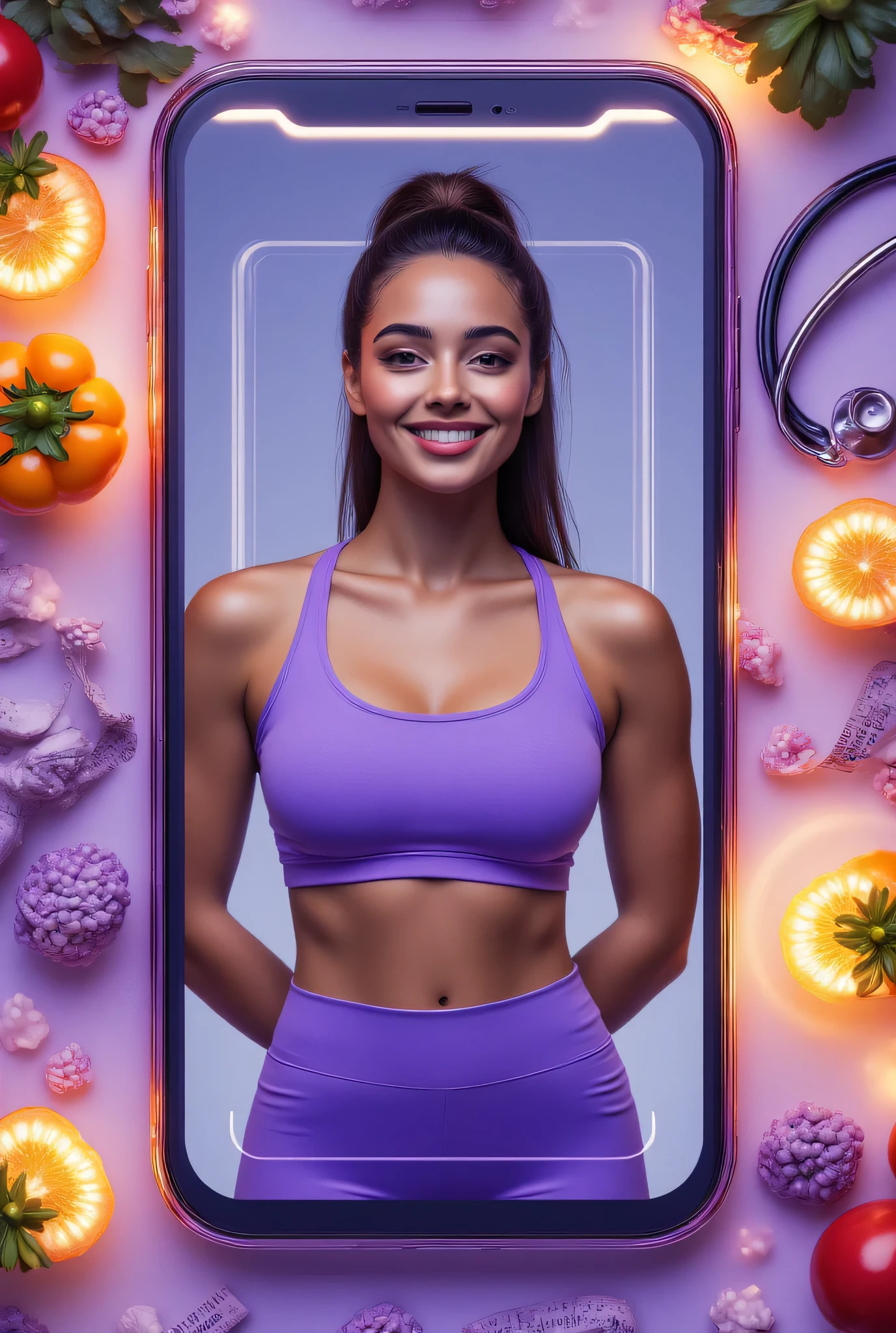 A (masterpiece:1.0), (best quality:1.0), ((highly intricate details)), 1girl, (incredibly absurdres, ultra-detailed,CG,unity ,8k wallpaper), (masterpiece),(realistic),(photorealistic:1.2),(raw photo:1.2), (best quality:1.2), (detailed face :1.4), poster for an art exhibition. The design features a modern, elegant a new HUD BIOMETRIC Apps thinking system, Nutriology health design concept, A woman with an athletic and toned physique standing confidently inside the frame of a modern smartphone. She has HAIR tied up, wearing a vibrant purple WEARING SPOR, smiling warmly. ((The background showcases a dynamic composition of fresh vegetables, stethoscope, Body weig, Body measuring tape:1.5)), floating in a soft and biometric HUD, glowing atmosphere. The scene is bright and emphasizes health, simple, high contrast, high resolution, high quality, high detail,HDR, create a few realistic movie covers, wellness, and technology integration. The image has a futuristic and clean design, ((LATIN WOMAN)),