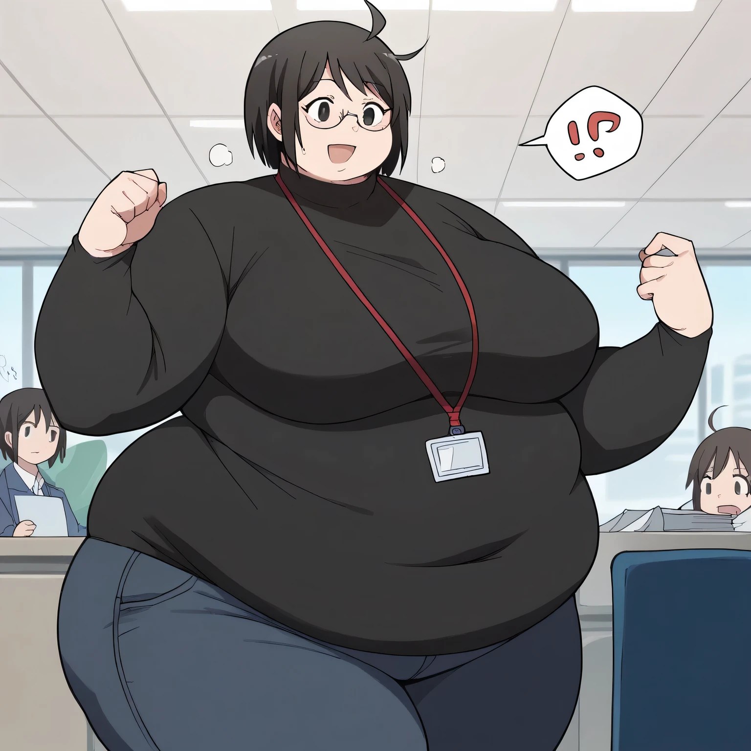 lucy yamagami, short hair, black hair, black eyes, ahoge, glasses, large breasts,
pants, sweater, turtleneck, id card, lanyard,masterpiece,high quality,woman,light smile,office,spoken exclamation mark, 1girl fat, chubby, obese, gigantic arms and legs, large breasts open mouth, out of breath