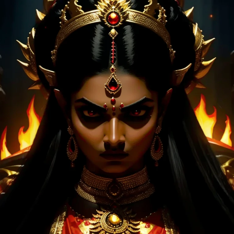 " Dazzling representation of the goddess Kaali with a divine aura in four hands, fierce and powerful,  dark dark night killing monster , Kaali's angry face .