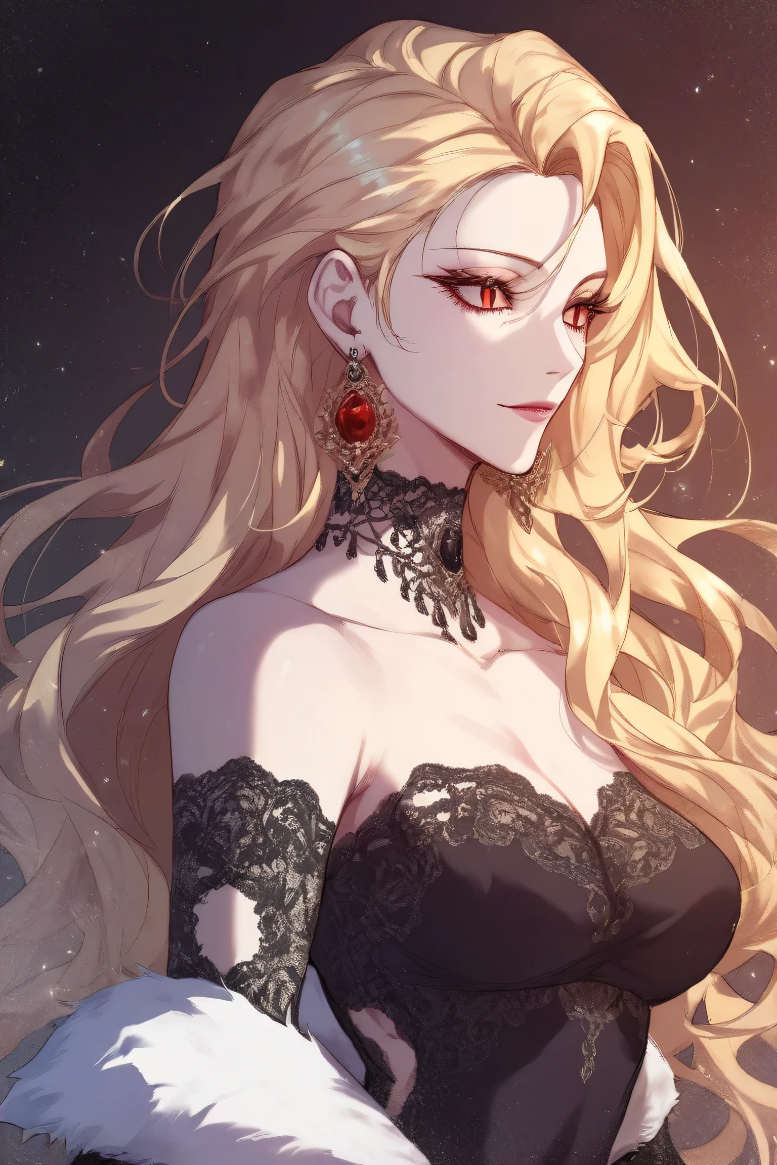 score_9, score_8_up, score_7_up, score_6_up, score_5_up, score_4_up, roxana agree, red eyes, slit pupils, blonde hair, long hair, bare shoulders, jewelry, earrings, black dress,