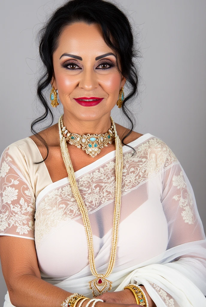 Indian 50 years old bbw lady wearing white silk saree blouse bindiya mangalsutra necklace bangles armlet bracelet anklets bajuband, nose jewellery bridal makeup 