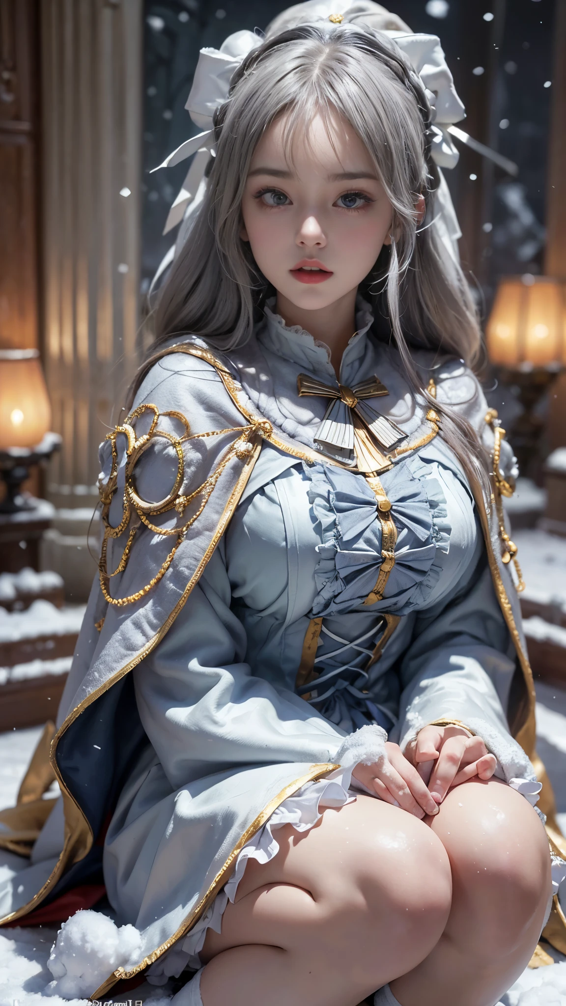 (8K),realisticlying, A high resolution, 1 Women, Alone, (a gorgeous,Lolita costume), pretty eyes, White hair, eye socket, braided hair, (standing,Cloak,blanketed in a mantle, katana in her hand)
