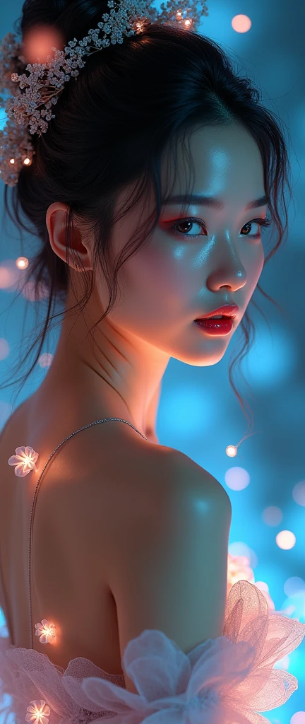 Commercial Photography ,Beauty of the Ether ,Splashed ink background, Asian 36d Female Model, Glowing Flower Stones ,Gradient ,Rim Light,Light particles, Master Art Photo