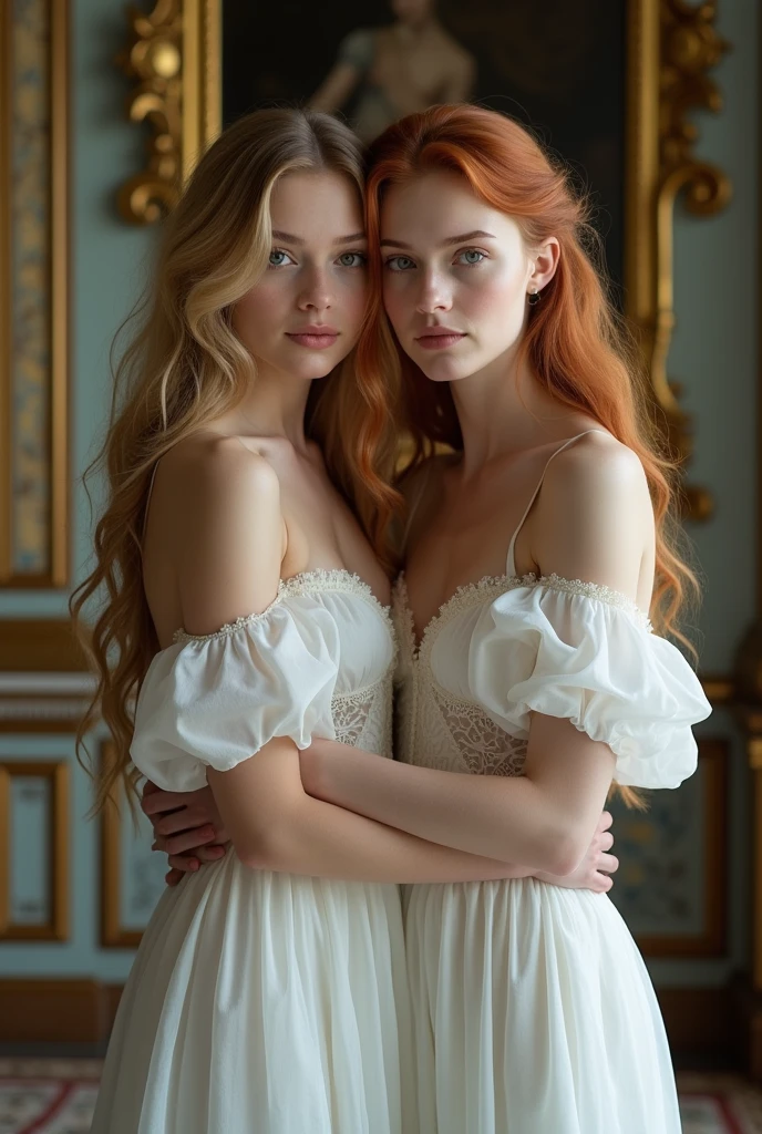 ultrarealistic, photography, two women, one has long red hair, one has platinum blonde long hair, girl, 24 years old, hourglass figure, perfect fit body, Flirty look, natural medium breasts, they are sitting on a luxurious couch in a fancy mansion, they are wearing white silk tight short-sleeve pencil dresses, they are wearing elegant high heels, long legs, their legs are crossed, dynamic light, 8K, masterpiece, ultra detailed, (full body shot:1.5) photorealistic image of two (sitting pose:1.1) women,