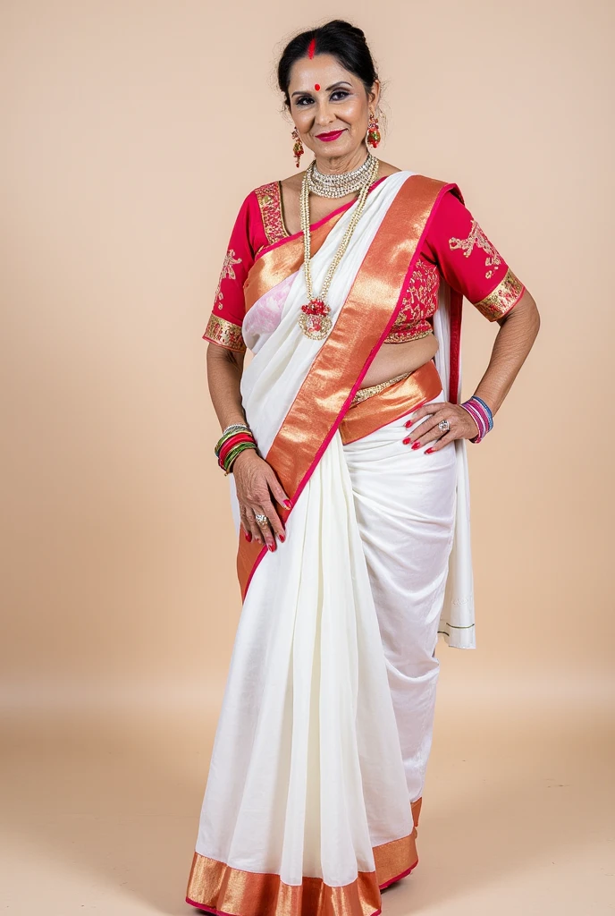 Indian 50 years old bbw lady wearing white silk saree blouse bindiya mangalsutra necklace bangles armlet bracelet anklets bajuband, nose jewellery bridal makeup full body photo white sandals silver anklets Toe rings in toes 