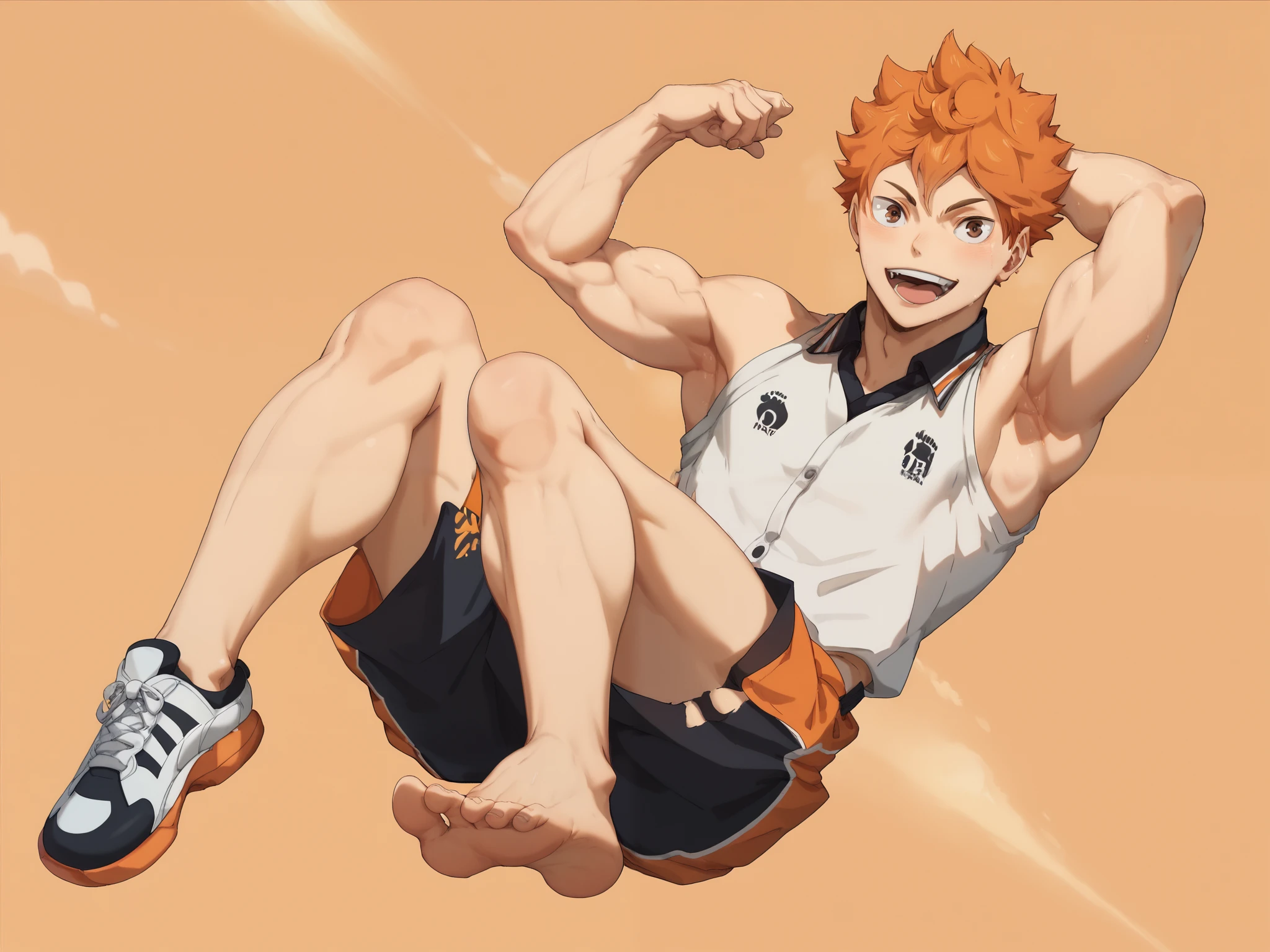 1 chico //Hinata Shoyo//, by orange, (( Haikyuu anime )), (Body with muscles)  male school volleyball boy showing his feet and armpits.  Correct anatomy -perfect correct body- 