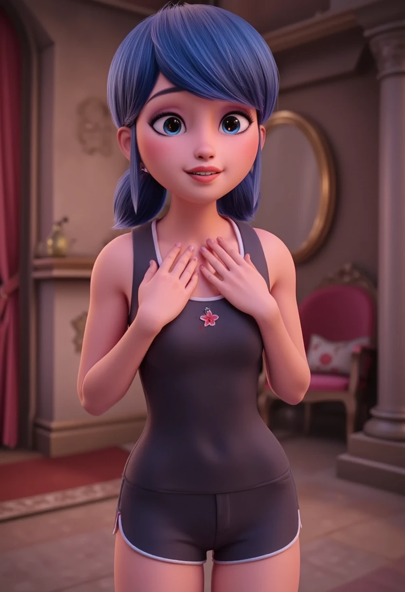 Marinette in a very short black dress,