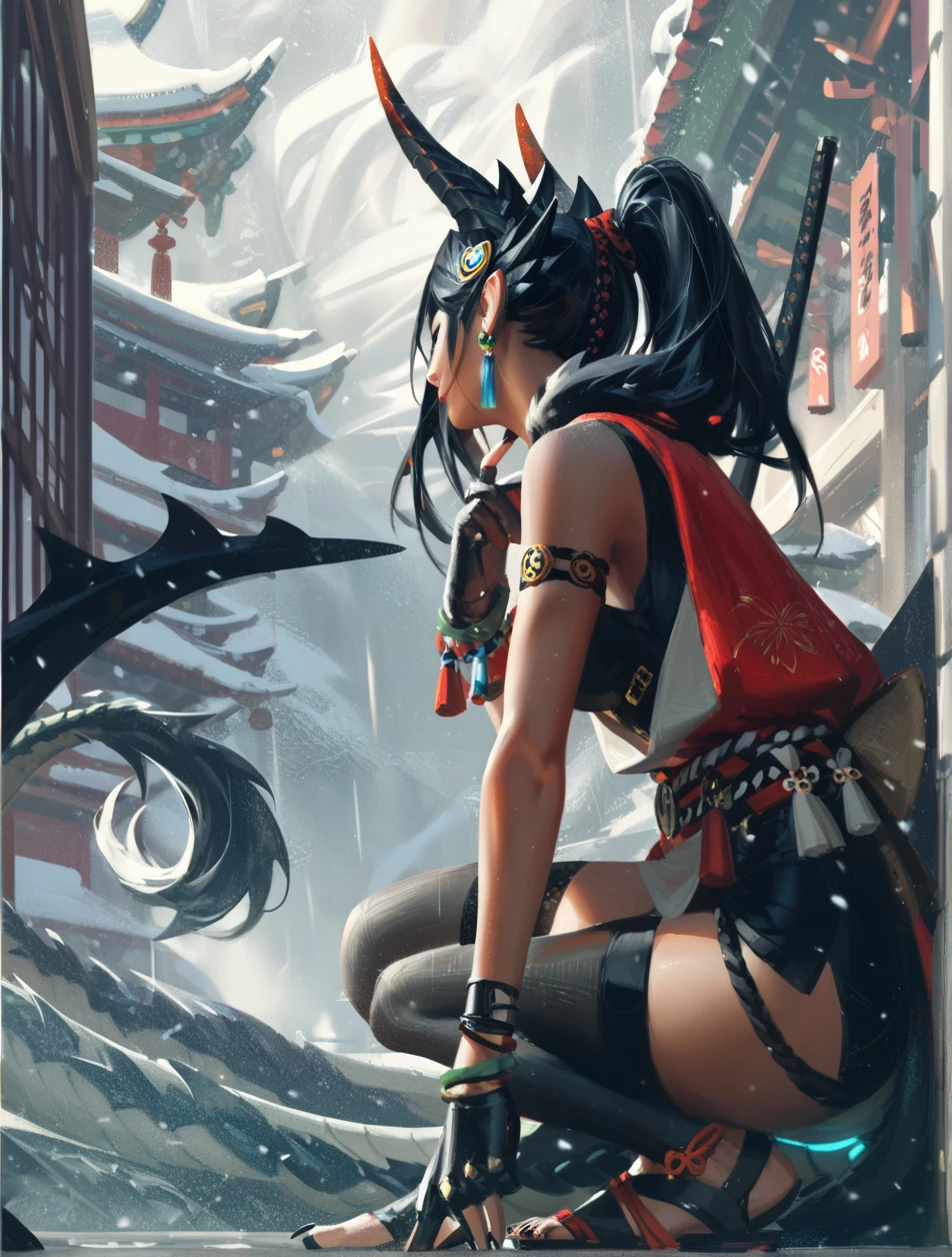 GUWEIZ ARTWORK ,full body, lucia from gta6 , Tati Gabrielle ,cool ,dragon in the background 