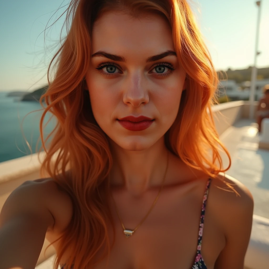 woman in her 20s, (perfect face), defined jawline, beautiful blue eyes, beautiful lips, (long red flowing wavy hair), (perfect anatomy), (athletic body), (sexy)(medium wet breasts), (thick thighs), (perfect hands), (bikini with blue stripes), (straw hat), looking at viewer, (POV from below), (medium full shot photograph), (tropical beach background), realistic