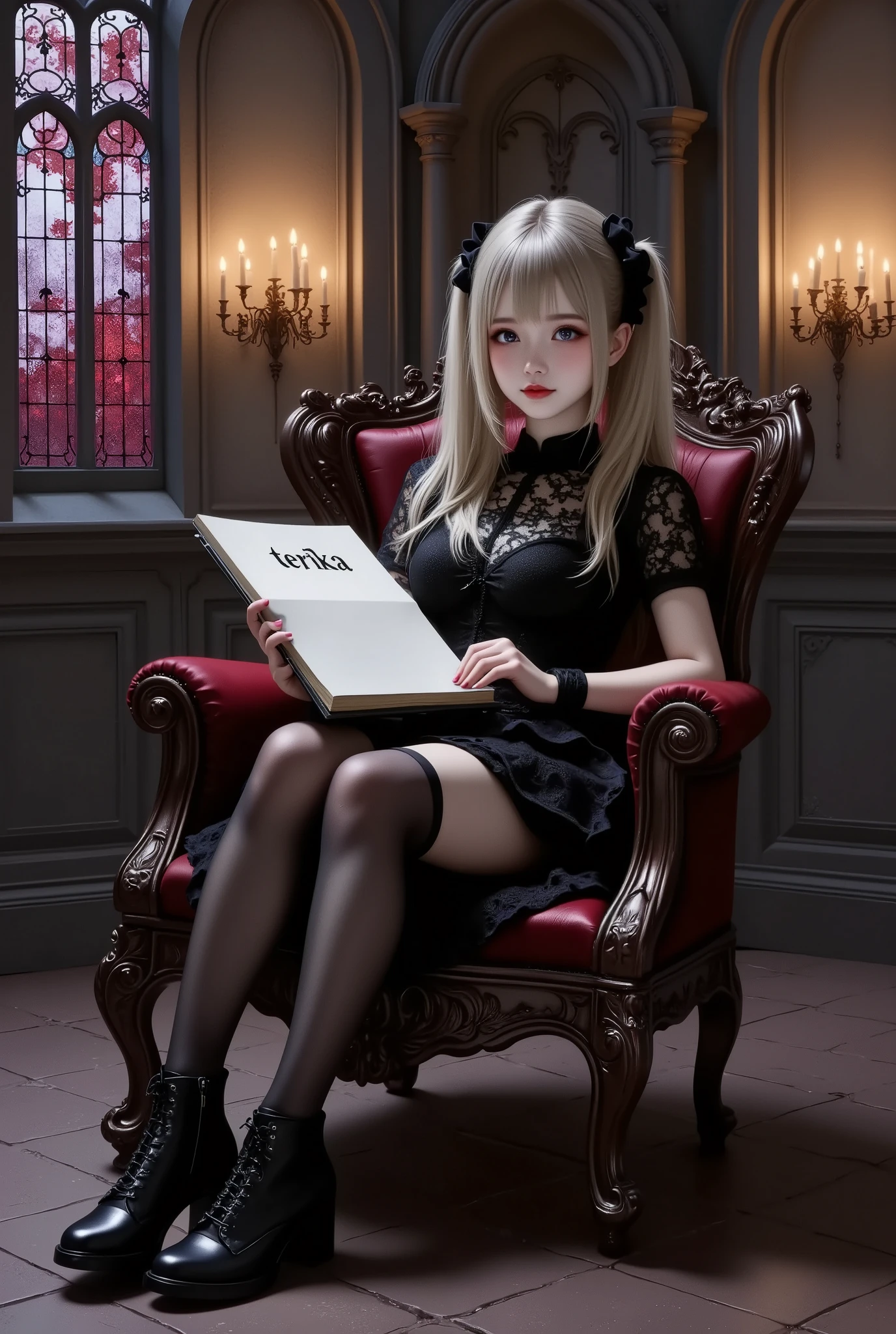 photo Realism style, digital painting, best quality, high detail, 1girl,solo,twin tail, bright hair color,fair skin,(false smile, empty eyes), gothic lolita fashion, black lace dress, black thigh-high stockings, black high-heeled boots, sitting pose on an ornate gothic chair, legs crossed, right hand holding a open thin notebook, a blank page with "Terika" written in the upper left, showing the notebook to the viewer,relaxed and confident expression, dimly lit environment, dark gothic background, intricate stone archways, stained glass windows with crimson and violet hues, flickering candles, shadows cast across the scene, subtle glowing light accents,BREAK, chromatic aberration, glowing light, anatomically correct, textured skin, super detail, UHD