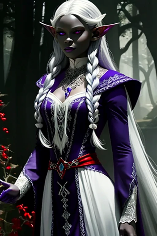 1 , bela drow,  dark purple-blue skin ,  long and elaborate pale silver hair, (( red eyes )), jewelry, elf ears, toys, ((white witch dress )), [cliff, [stones,  sunny day , athletic,  volumetric lighting ,  best quality ,   masterpiece , realistic,  Anatomically correct ,  masterpiece ,  best quality , ( strong cinematic lighting ), (( Contour lighting ))