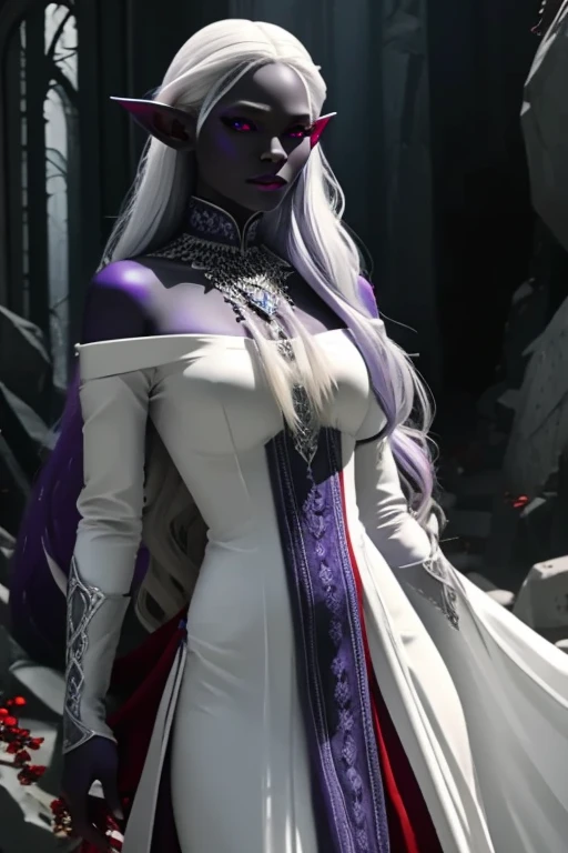 1 , bela drow,  dark purple-blue skin ,  long and elaborate pale silver hair, (( red eyes )), jewelry, elf ears, toys, ((white witch dress )), [cliff, [stones,  sunny day , athletic,  volumetric lighting ,  best quality ,   masterpiece , realistic,  Anatomically correct ,  masterpiece ,  best quality , ( strong cinematic lighting ), (( Contour lighting ))