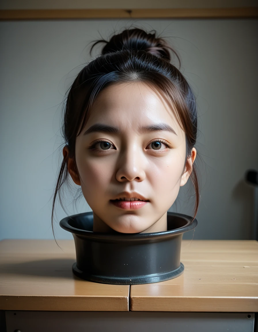 score_9, score_8_up, score_7_up, source_real, The high resolution photograph of a human head, realistic, photo-realistic, masterpiece, best quality, 8k, RAW photo, absurdres, intricate details, sharp focus, professional lighting, solo, a Japanese woman, (disembodied head in a low pot:1.4), (very complex:1.2), pale skin, fine-textured skin, indoors, home, kitchen table, 