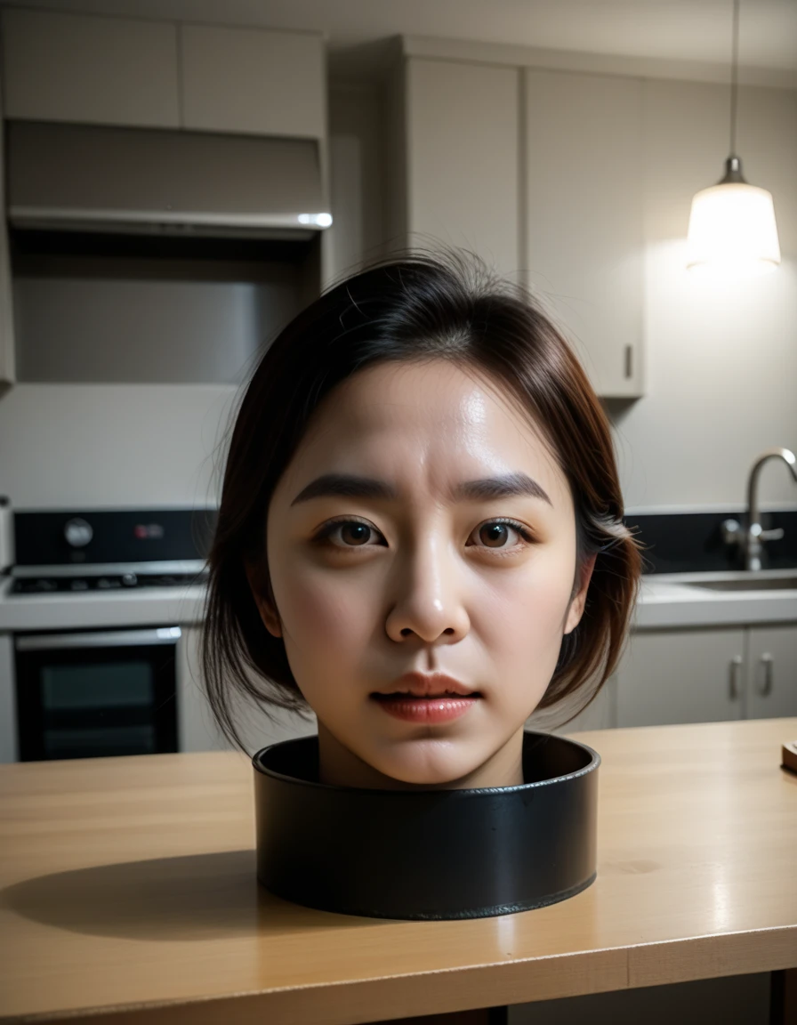 score_9, score_8_up, score_7_up, source_real, The high resolution photograph of a human head, realistic, photo-realistic, masterpiece, best quality, 8k, RAW photo, absurdres, intricate details, sharp focus, professional lighting, solo, a Japanese woman, (disembodied head in a low pot:1.4), (very complex:1.2), pale skin, fine-textured skin, indoors, home, kitchen table, 