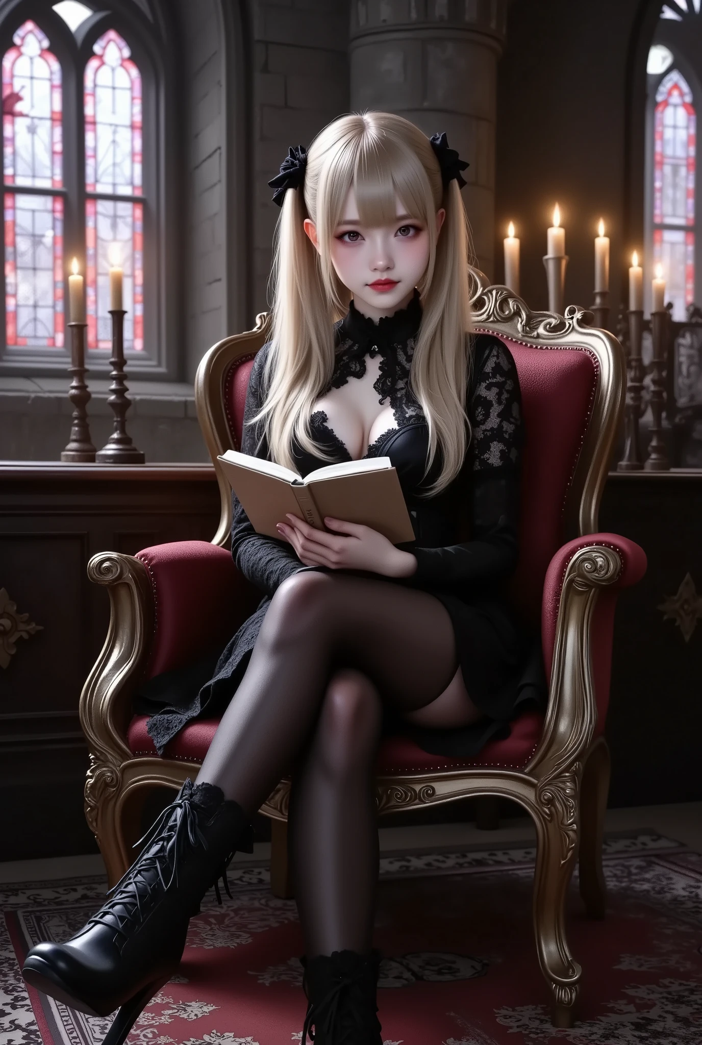 photo Realism style, digital painting, best quality, high detail, 1girl,solo,twin tail, bright hair color,fair skin,(false smile, empty eyes), gothic lolita fashion, black lace dress, black thigh-high stockings, black high-heeled boots, sitting pose on an ornate gothic chair, legs crossed, right hand holding a open thin notebook, a blank page with "Terika" written in the upper left, showing the notebook to the viewer,relaxed and confident expression, dimly lit environment, dark gothic background, intricate stone archways, stained glass windows with crimson and violet hues, flickering candles, shadows cast across the scene, subtle glowing light accents,BREAK, chromatic aberration, glowing light, anatomically correct, textured skin, super detail, UHD