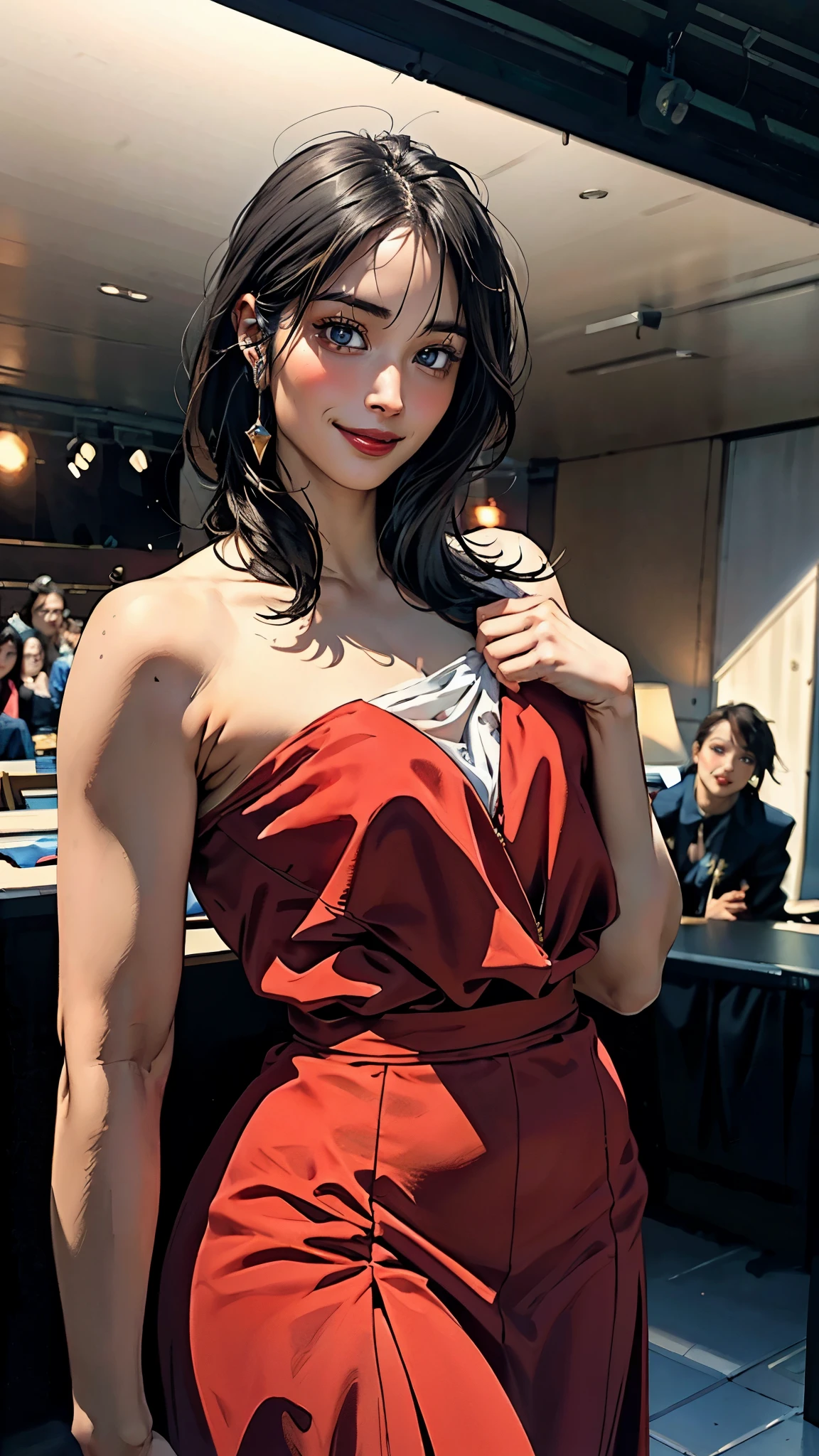 (masterpiece:1.2, best quality:1.2, extremely delicate:1.2), hirosealice, a beautiful woman with medium length black hair, flawless oval face, passionate gaze, sweet smile, perfect smille, blush, seductive expression, tall and graceful figure, perfect body, perfect skin, seductive pose, a fantasy style Flamenco dance dresses, flowing skirt, alternating red and black textures, the color scheme is primarily Black with Red accents, she gracefully performs her dance moves on the stage, this character embodies a finely crafted fantasy style Flamenco dancer, exquisite and mature art style, goddess, feminine, exquisite photography, depth of field, bokeh, photorealistic, even and soft lighting on face, dramatic, high definition, highres, ultra detailed, professional photo, perfect body proportions, anatomically correct, symmetrical face, extremely detailed eyes and face, perfect eyes, high quality eyes, creativity, RAW photo, UHD, 32k, portrait lighting, Natural light, cinematic lighting, (masterpiece-anatomy-perfect:1.2)