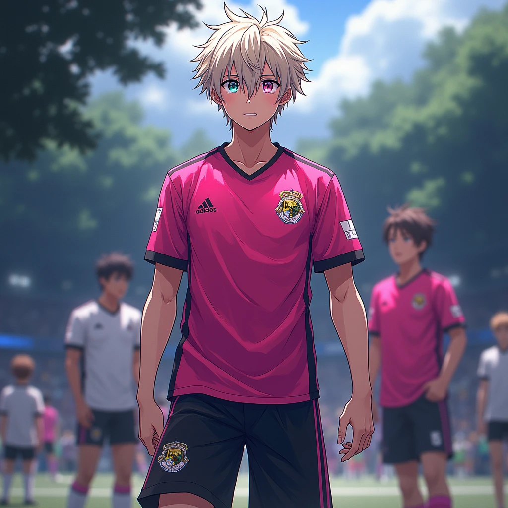 Nagi Seichirou, anime boy, , mature,  pink and black soccer uniform , light hair,  multicolored eyes , soccer camp, fullbody, dark shadow aura