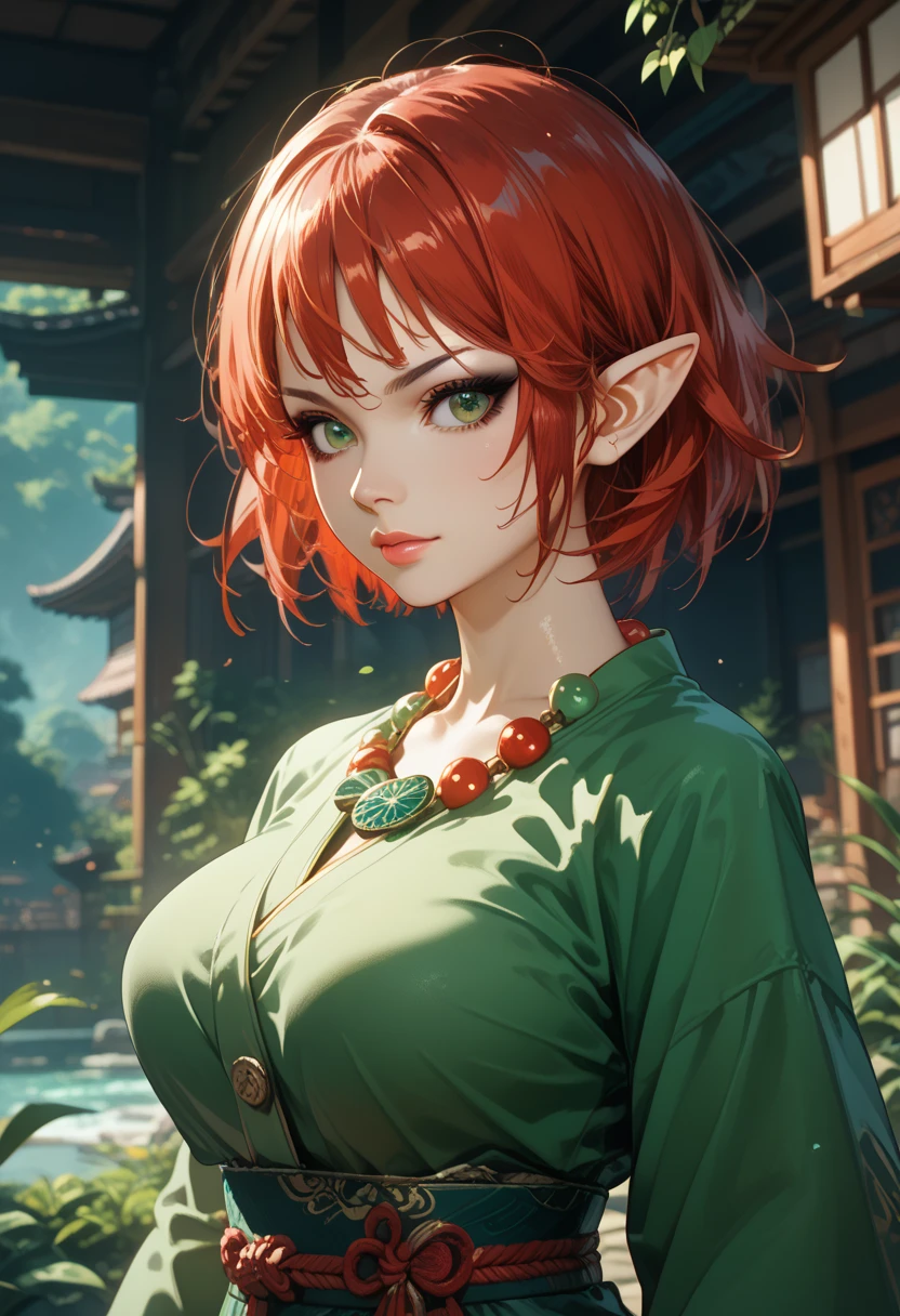 a  portrait of a durable [babe|temptress] , druid, leaf robe, perfect face, pretty face, brown eyes, auburn hair, Hi-top fade, very short hair, flat chest, lush detail, absurdres, clothes made of leaves