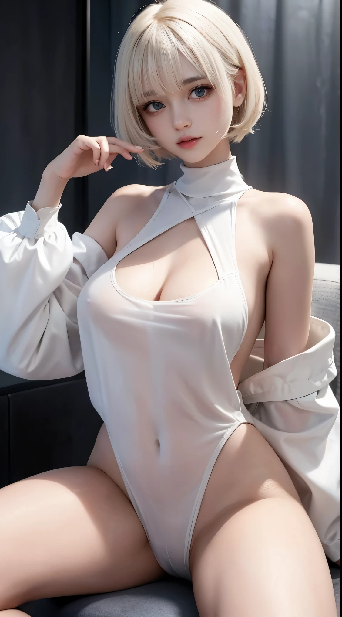 ((Top Best quality, 8k, Masterpiece :1.5)), Sharp focus :1.4, A 22 years old with perfect figure :1.6, Slender abs :1.3, korean , ((K-Pop idols)), 、((full body)), high resolution, ((Naked)), Best quality, Works of masters, A high resolution, 1girl, Super beautiful face, super beautiful eye, Super beautiful platinum white mohawk hair,(MagazineCover:1.2),((detailed transparent sexy outfits)),((detailed nipples)), ((detailed vagina)), ((detailed nake body)), Expose shoulders, accentuated super huge enormously gigantic nude and nipples exposed