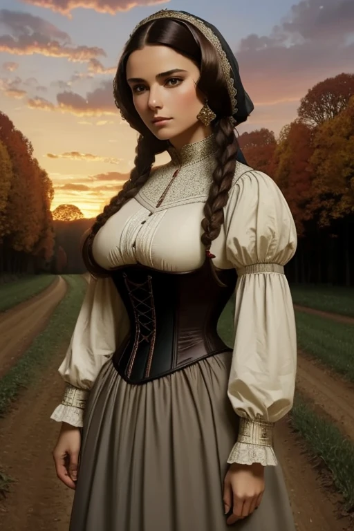  dazzling and sensual , athletic and with big breasts  (Tune) Brunette peasant with pronounced facial features wearing a modest hairstyle, medieval hair covering,  rough medieval dress gray and brown, long sleeves, wide neck,  long dress , tight bodice, corset,  Middle Ages , home, farm, Exterior, trees, countryside, night,  sunset .
