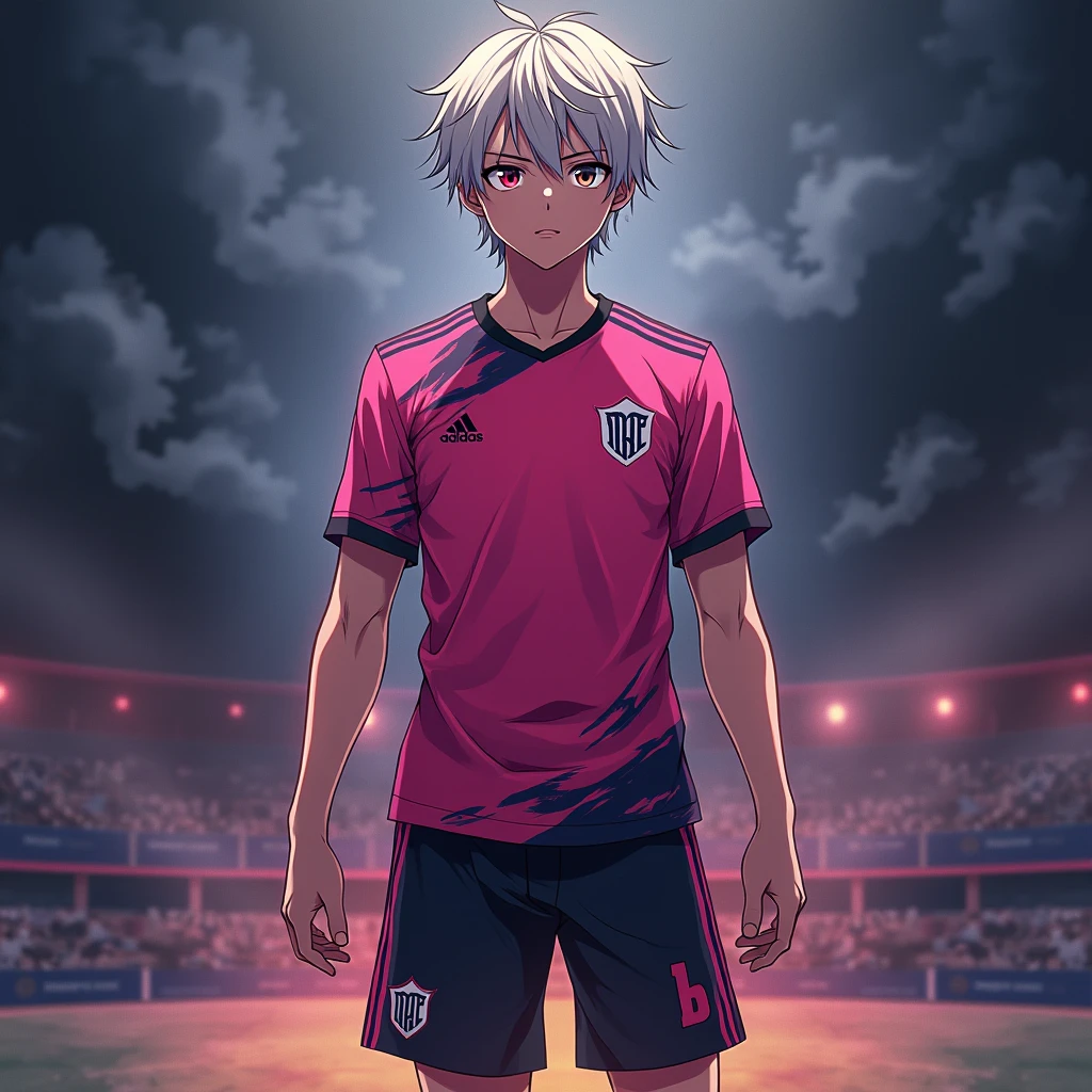 Nagi Seichirou, anime boy, , mature,  pink and black soccer uniform , light hair,  multicolored eyes , soccer camp, fullbody, (dark shadow aura)