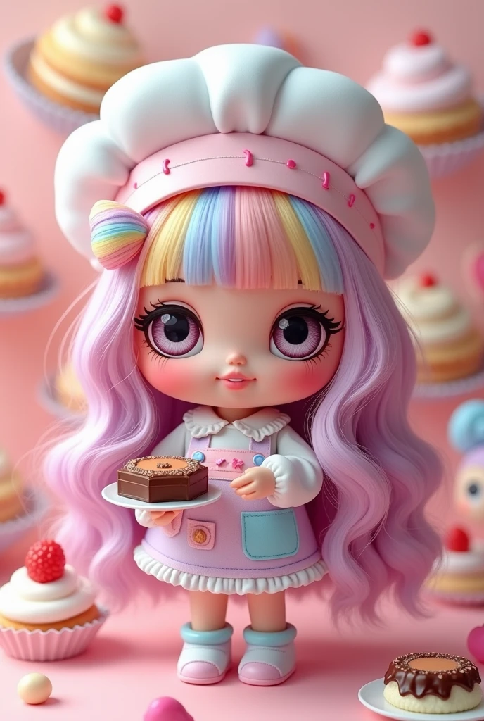 Unicorn, a little girl, glittering cupcake, in the kitchen