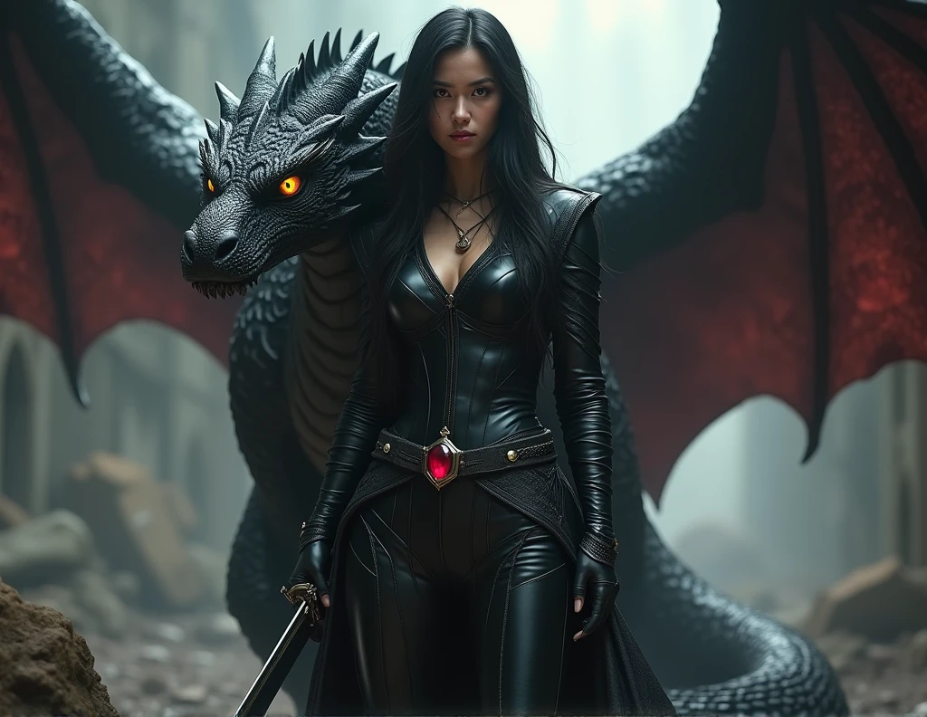 Woman dressed in latex leotard riding on a dragon, ultra detailed, photorealistic, masterpiece.