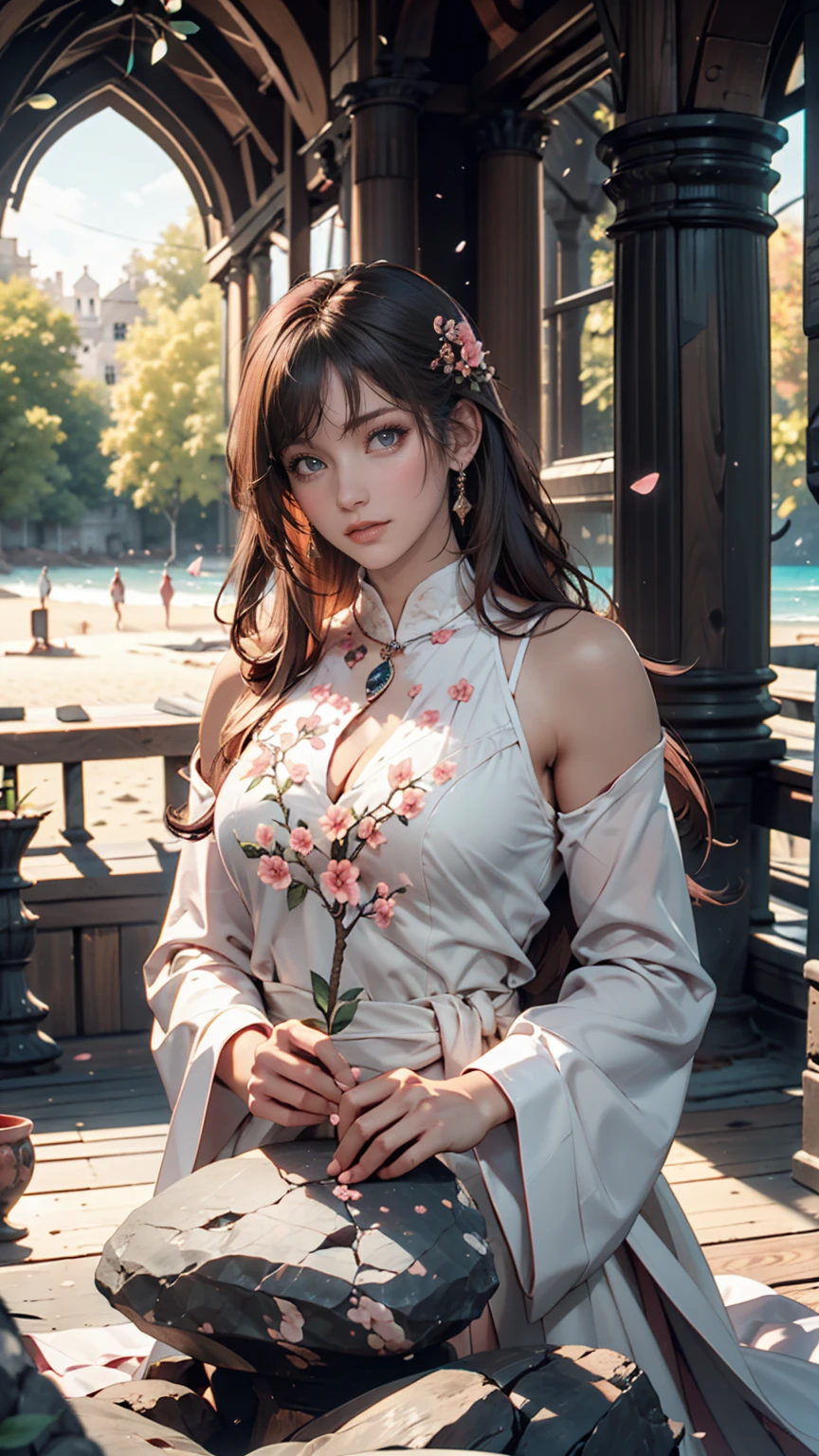 masterpiece, Highest quality, Waterfront, banquet, 1 female, Mature Woman, elegant, Chinese style, ancient China, younger sister, Royal younger sister, Happy, Meatball Head, Light brown hair, Pink Eyes, Gorgeous hat, Light pink lips, Pink clothes, thread-like clothes, intellectual, Full Bang, Flat bangs, Flower Ball, Delicate face,Updo、Accessories on your wrist、Sexy proportions、Sexy、Narrow waist