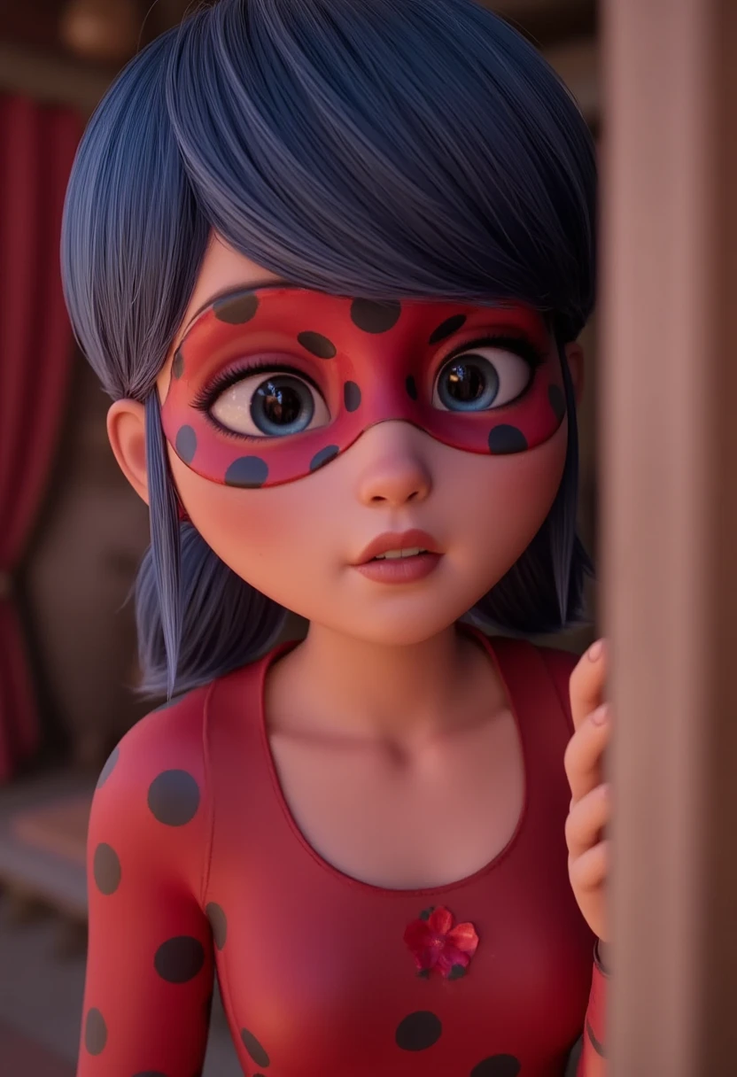 Marinette Dupaincheng spectator, Alone:1, thick and beautiful thighs, Long hair, bodies ladybug costume mask