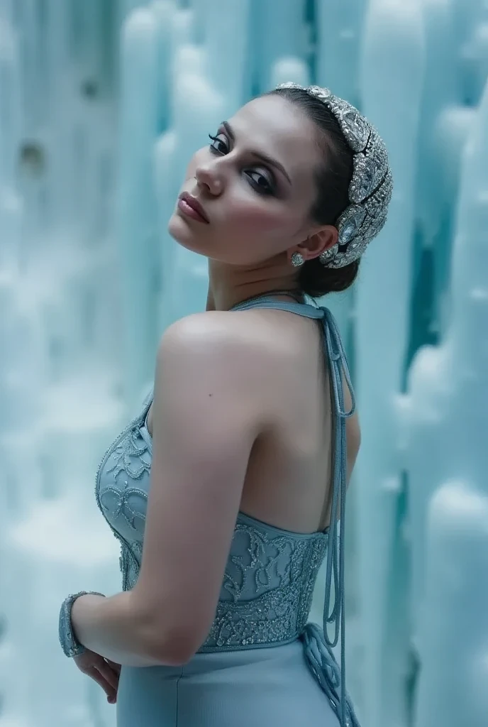 dafnekeen, play of shadow and light, A close-up cinematic shot of a female character dressed in an elaborate ice-themed costume against a frozen backdrop. The scene is bathed in cool tones of blue and white, creating an icy atmosphere. She wears a round headdress encrusted with glittering embellishments.  Her expression is serene and contemplative, with her eyes slightly closed and her head tilted back as if looking upward. The background features large vertical ice formations, including icicles and icicle-like structures, which enhance the frozen environment. Soft, diffused lighting creates a gentle glow, highlighting the textures and details of the ice and costume.