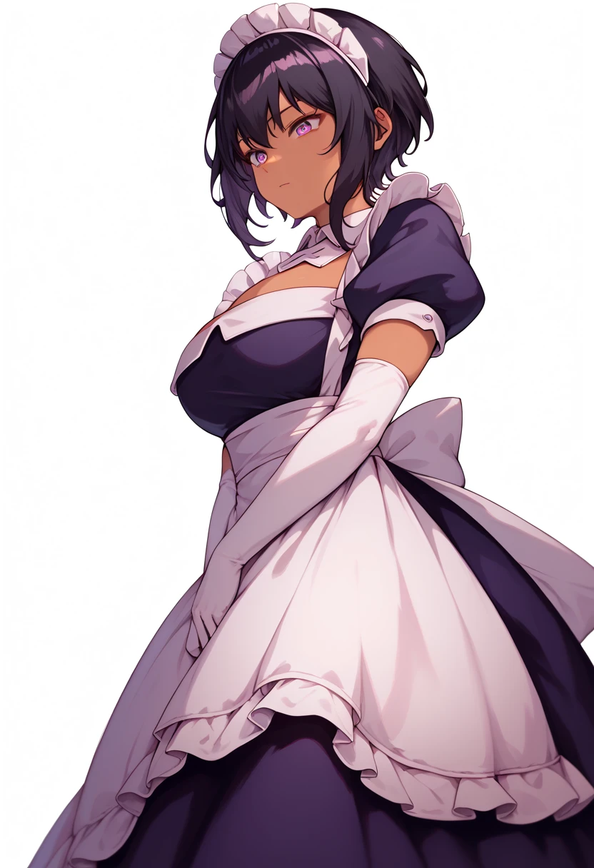 defLilith,  dark skin,  black hair,  short hair, purple eyes, big boobs
Paints on the chest , maid&#39;s headdress,  highlighted collar ,  maid dress , neckline,  short sleeves ,  puffy sleeves ,  white elbow length gloves, apron,  white socks ,