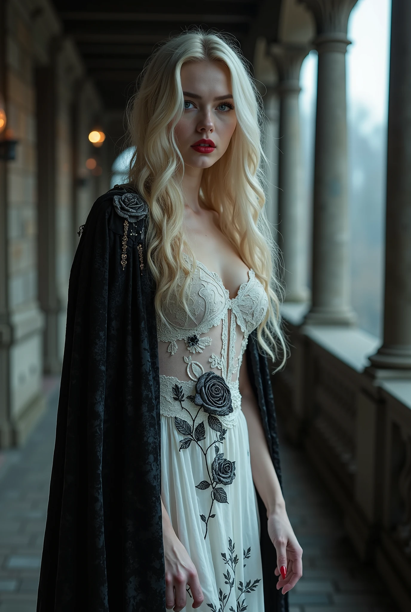 Dark fantasy art, fantasy art, goth art,  a picture of a female vampire, exquisite beauty, full body shot, dark glamour shot,  pale white skin, dark blond hair, long hair, wavy hair, (glowing grey: 1.3) eyes,  she  wears a (white lace dress: 1.3) exquisite, beautiful, half sheer dress, ((white lace: 1.5)) dress (intense details, Masterpiece, best quality: 1.5), ArmoredDress, the roses are imprinted on the dress (black: 1.4)  black roses betmd, high heells, dark castle porchm, dark, black and color