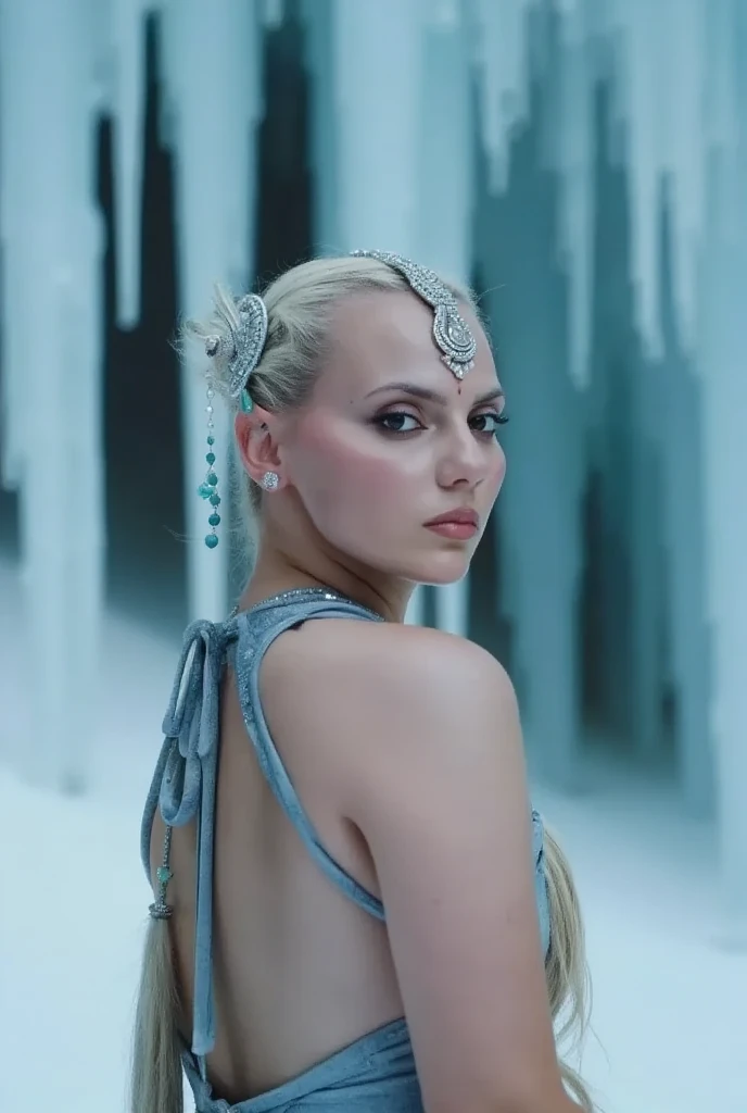 dafnekeen, play of shadow and light, A close-up cinematic shot of a female character dressed in an elaborate ice-themed costume against a frozen backdrop. The scene is bathed in cool tones of blue and white, creating an icy atmosphere. She wears a round headdress encrusted with glittering embellishments.  Her expression is serene and contemplative, with her eyes slightly closed and her head tilted back as if looking upward. The background features large vertical ice formations, including icicles and icicle-like structures, which enhance the frozen environment. Soft, diffused lighting creates a gentle glow, highlighting the textures and details of the ice and costume.