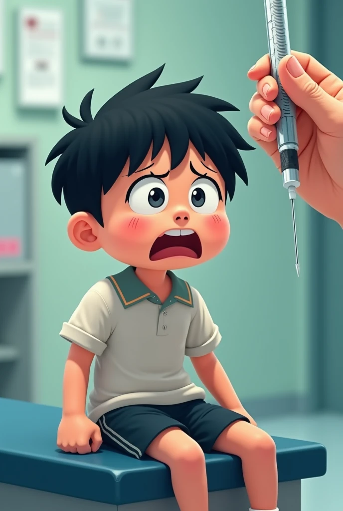 A child wearing a white apron is sitting in a barber shop and crying, and the barber is cutting his hair with scissors.