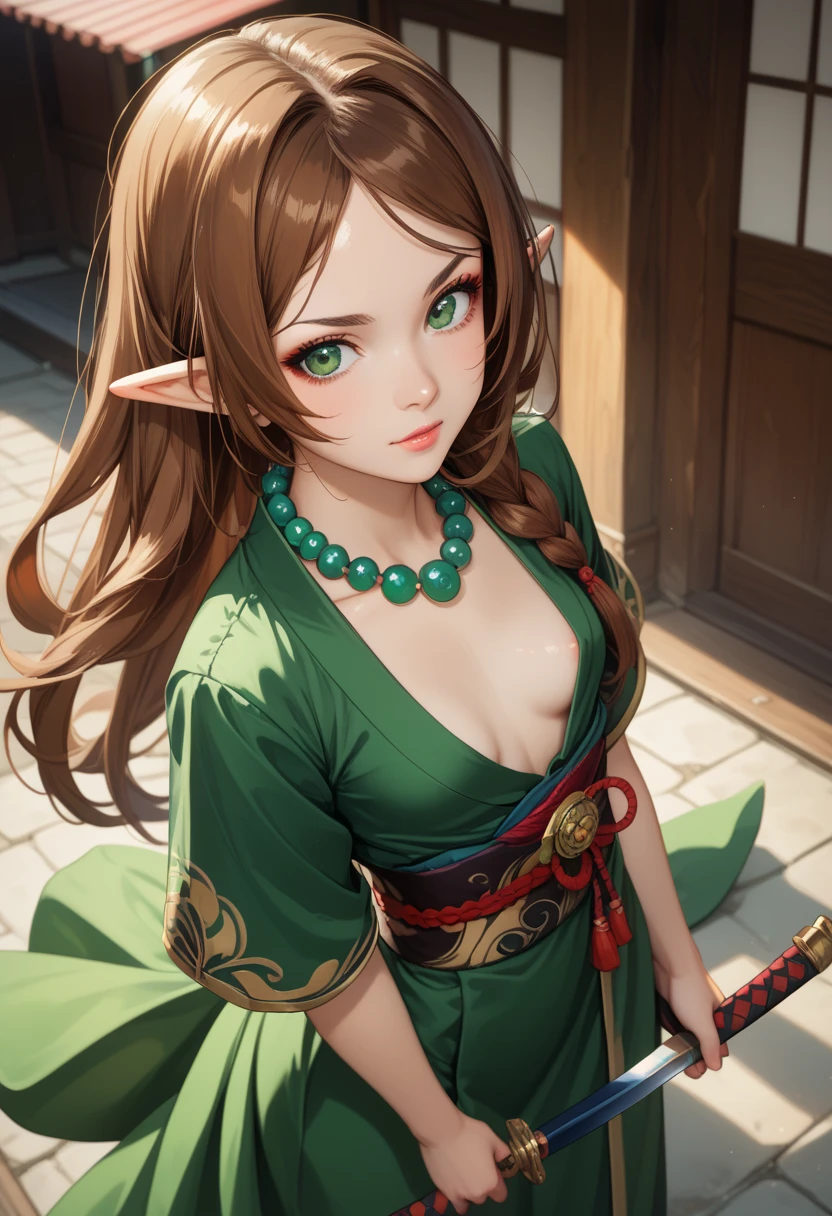 Sexy young looking girl. Shrouded in flowers. Anime style. Lots of green. NSFW
