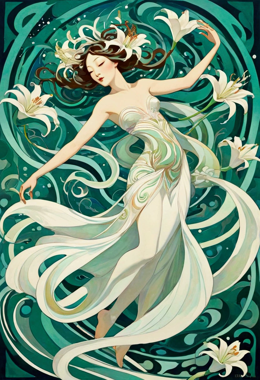 Close-up of a beautiful woman in a flower crown dancing，Normal body structure， Stepping on vines barefoot，Structurally complete，Beautiful body wrapped in palm leaves，Vines and flowers decorate the space，The background is colorful，Geometric shapes form decorative motifs，romanticism lain，art nouveau illustration, venus goddess, mucha style 4k,  Art Nouveau masterpiece, Fresh Art Nouveau, anime art nouveau, persephone in spring,